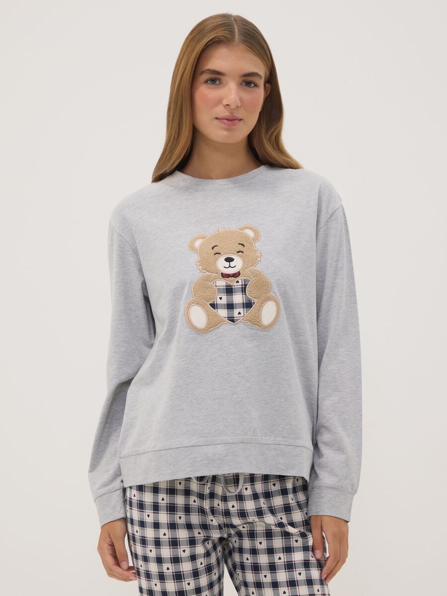 Grey marl pyjamas in organic cotton and viscose blend with crew neck_1
