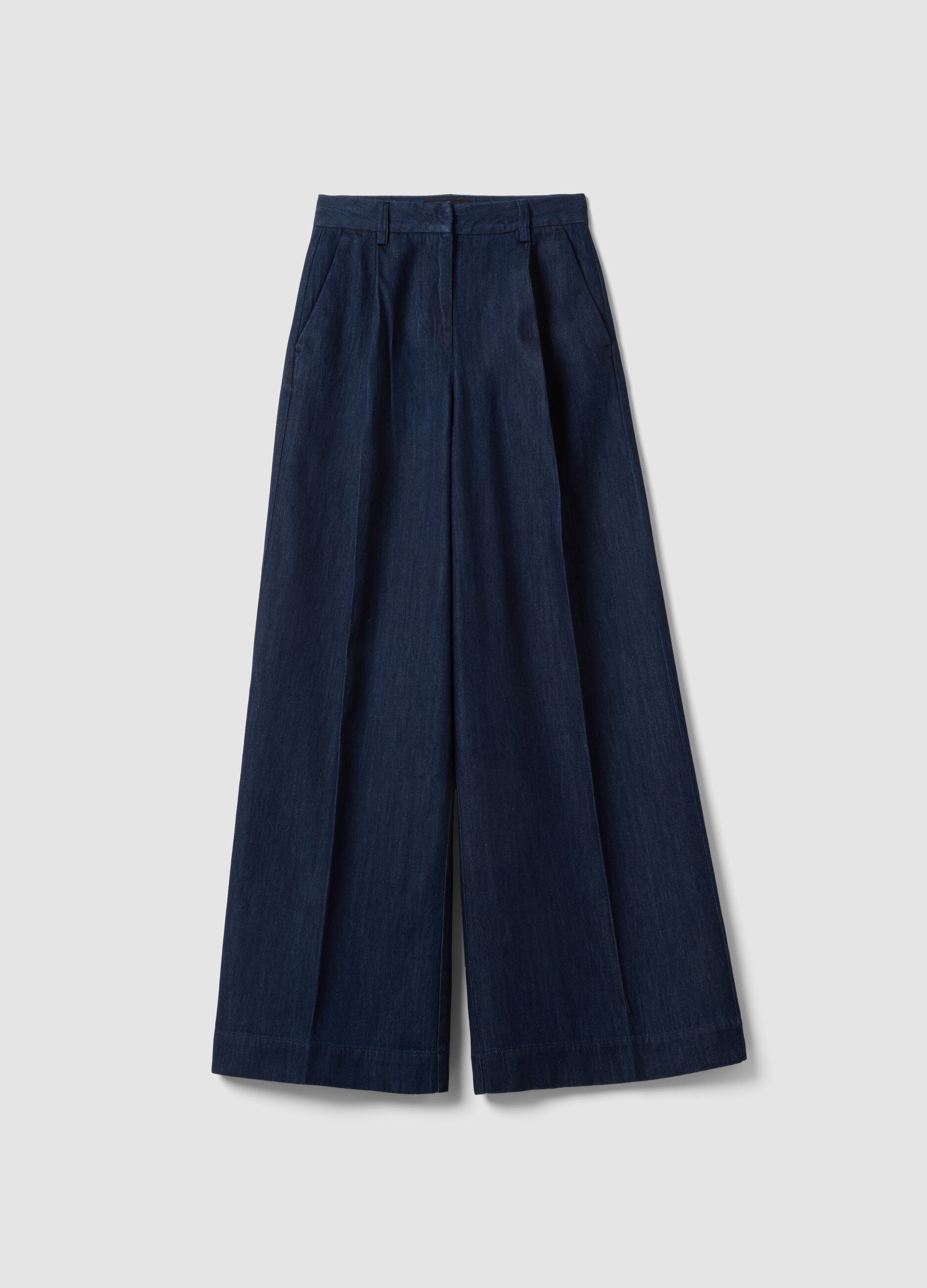 Wide-leg blue denim pure cotton trousers