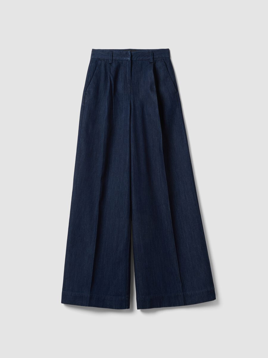 Wide-leg blue denim pure cotton trousers_0