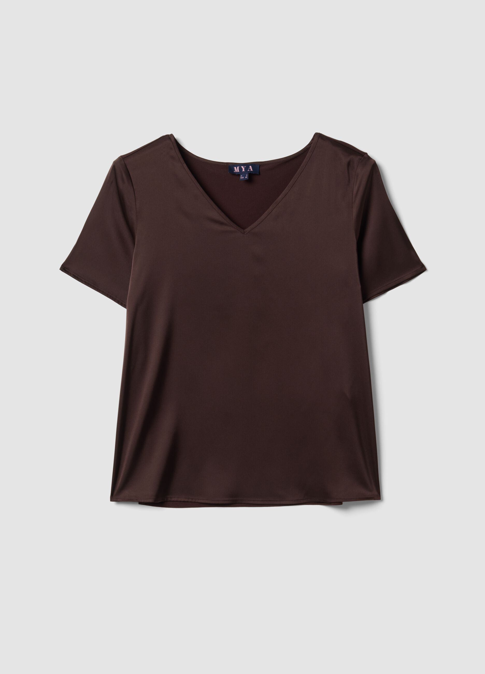 Brown satin V-neck stretch blouse, regular fit