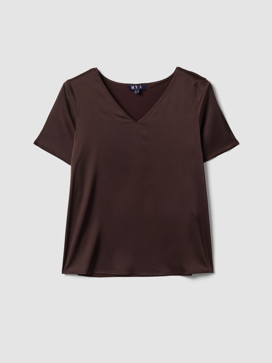 Brown satin stretch V-neck blouse, regular fit_4