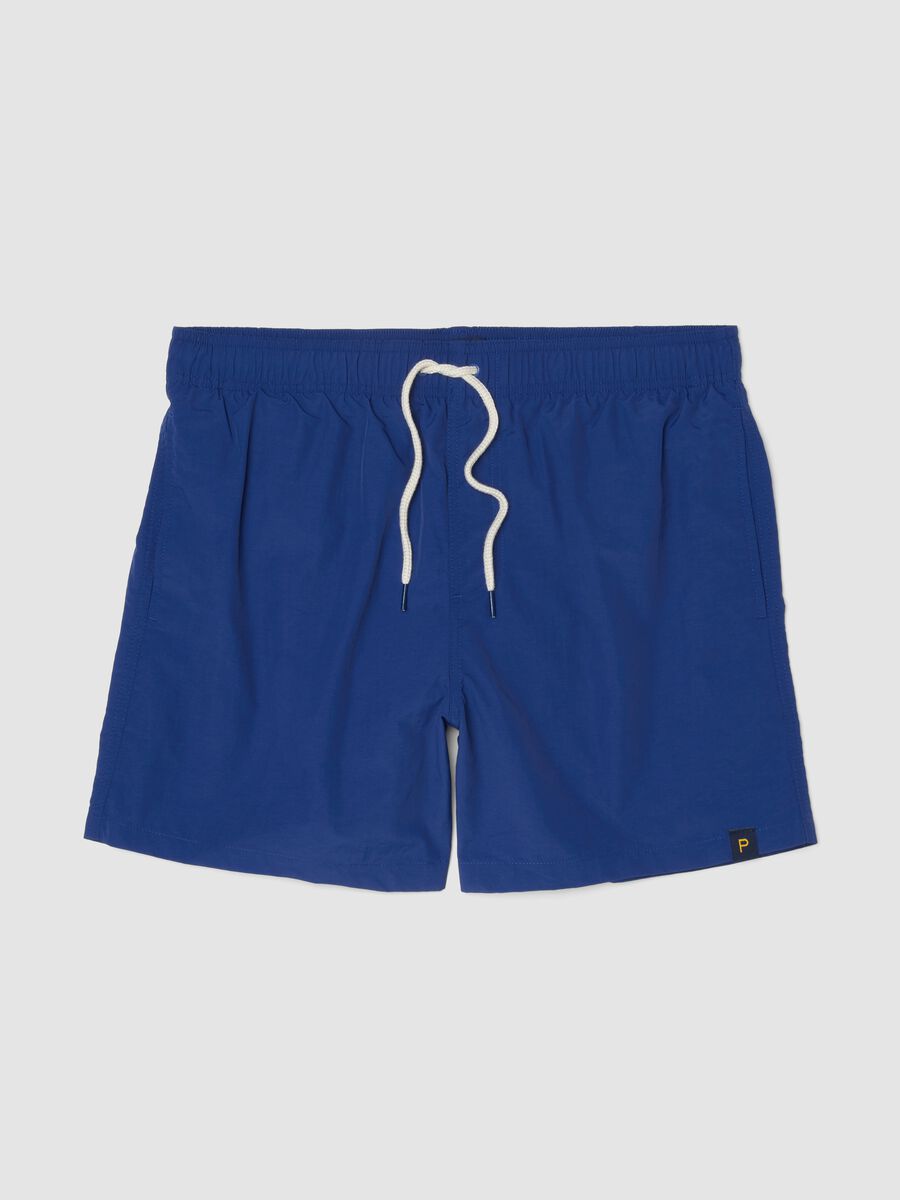 Blue swim shorts with elasticated waist and drawstring_0