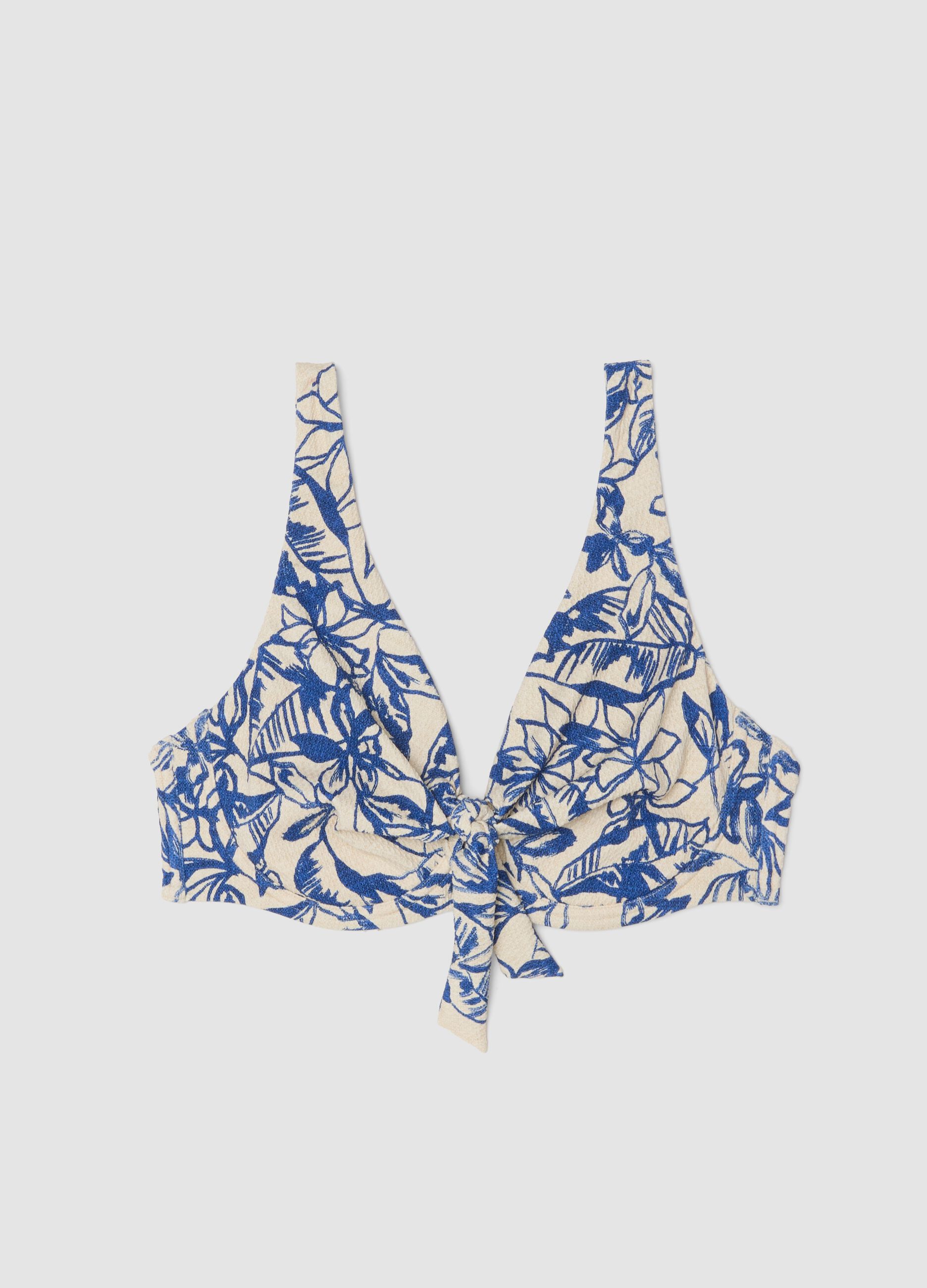 Blue floral stretch-fabric triangle bikini top