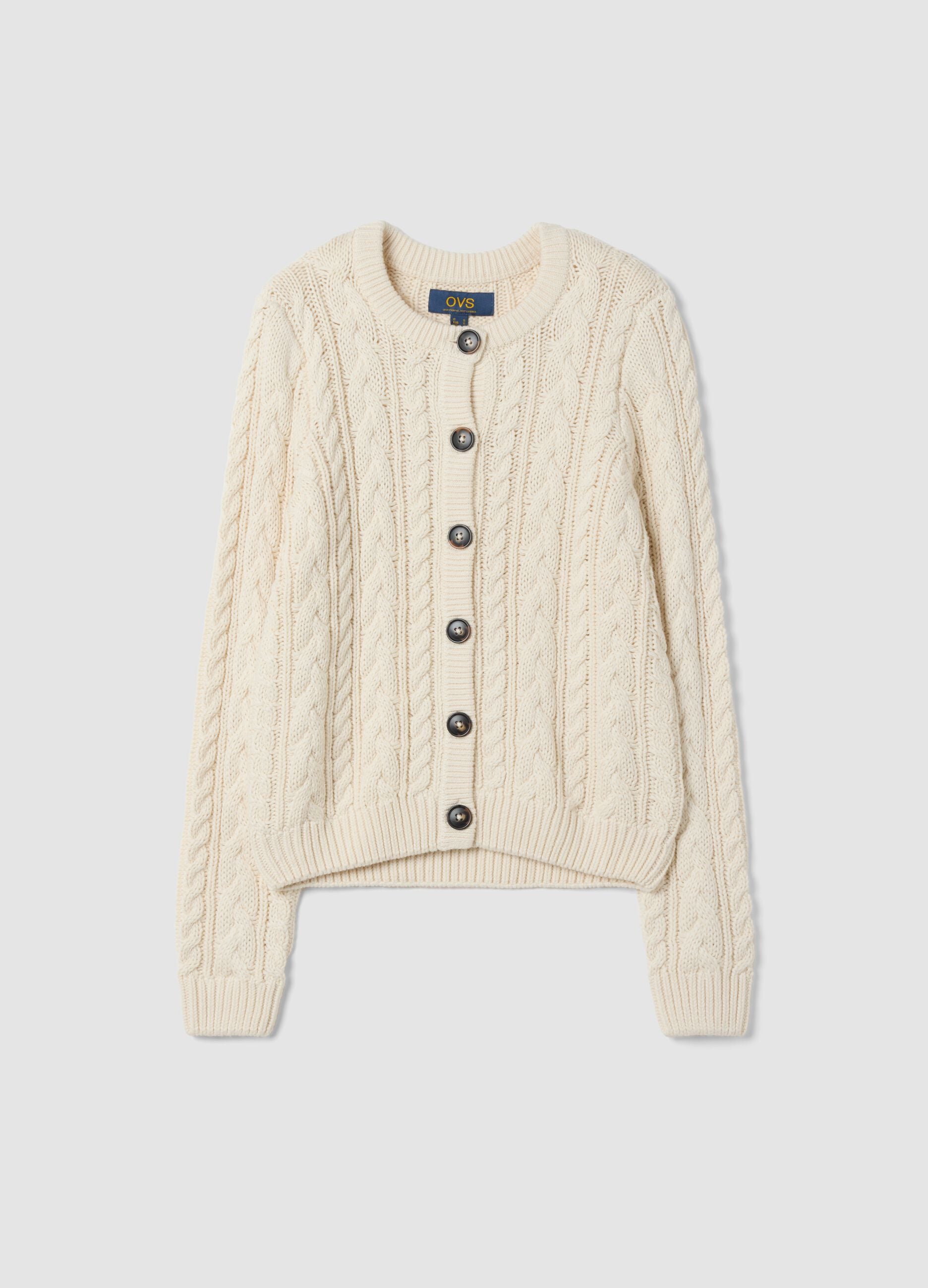 Beige cotton-blend crew-neck cardigan