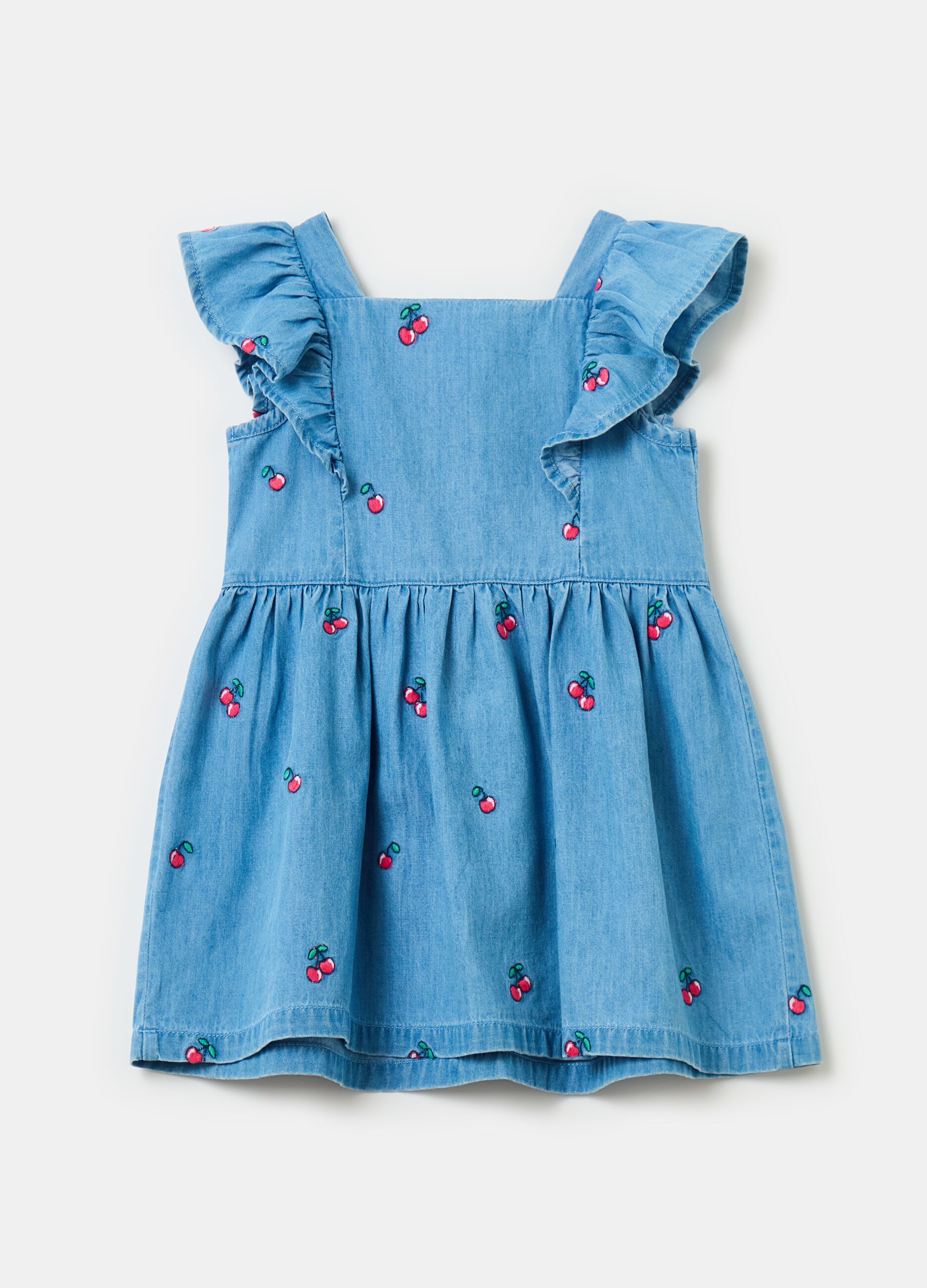 Denim chambray dress with cherries embroidery