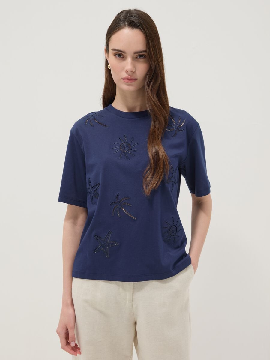 Blue pure cotton T-shirt with openwork embroidery, regular fit_1