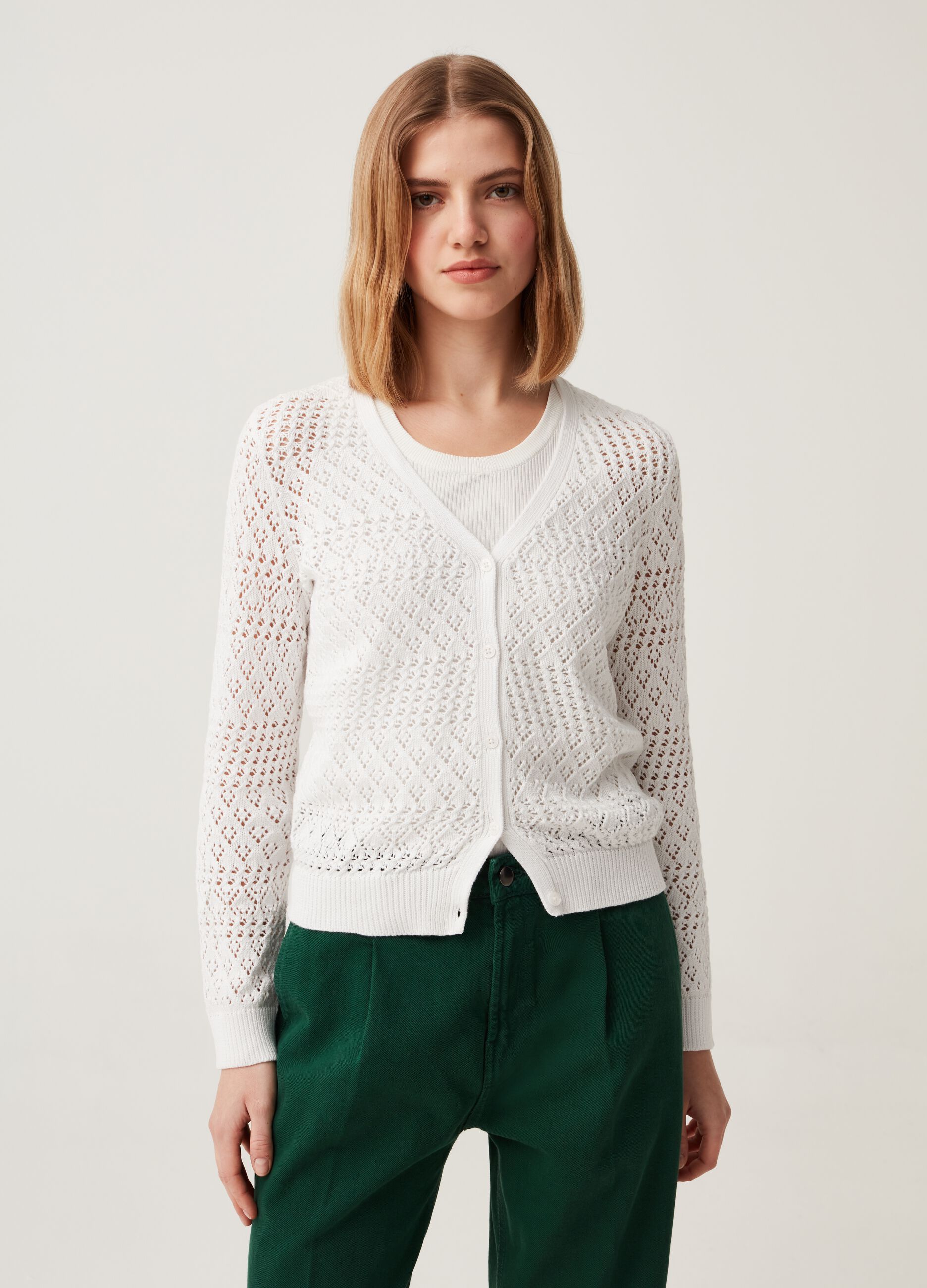 Cotton crochet V-neck cardigan