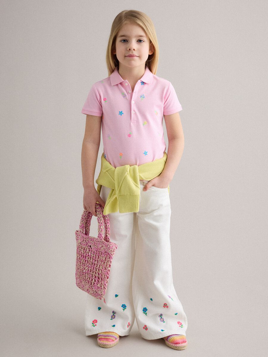 Girls' Wide Leg Pure Cotton White Trousers with Flowers_0