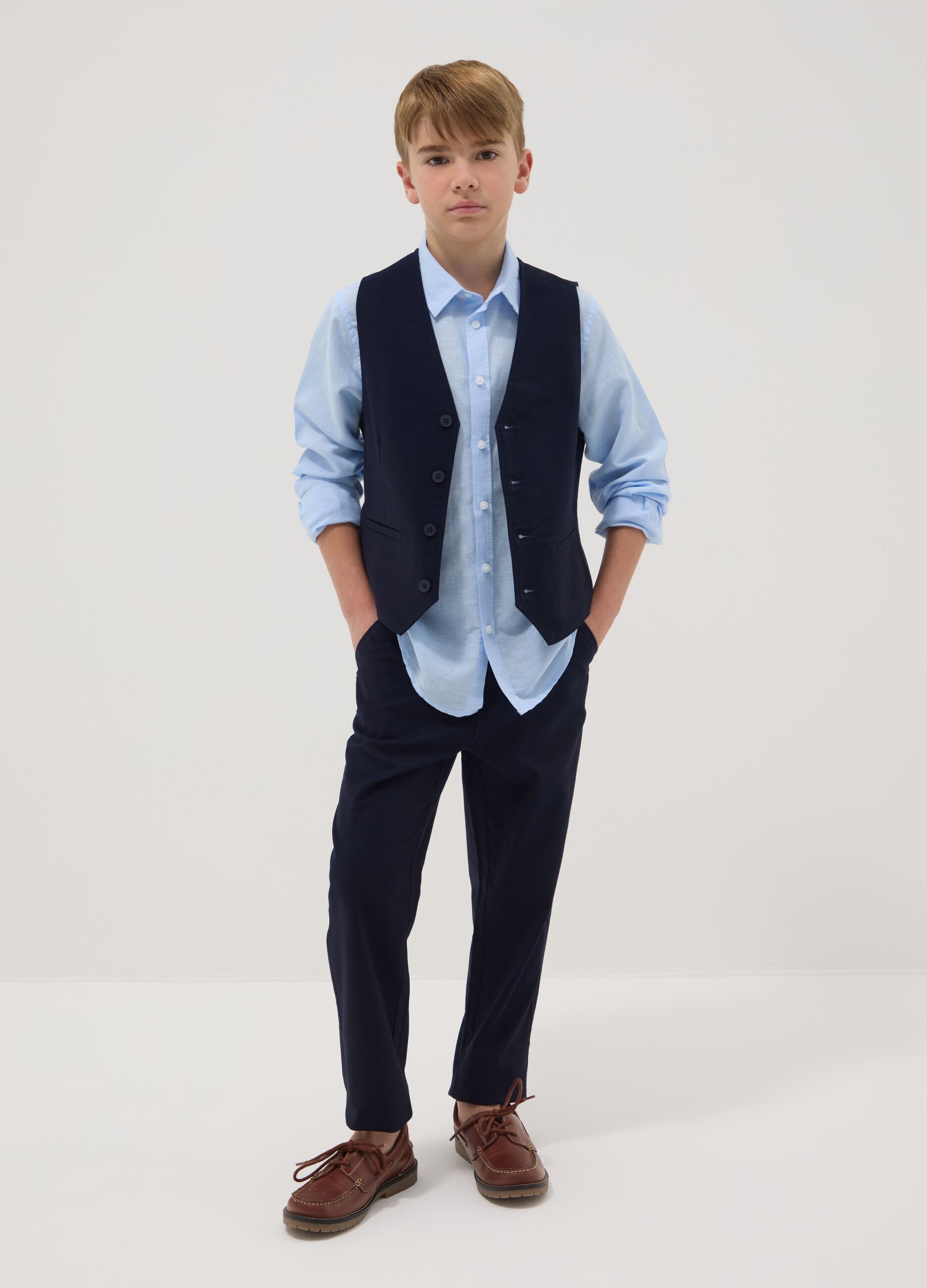 Boys' Stretch Cotton Blue Chino Trousers Regular Fit