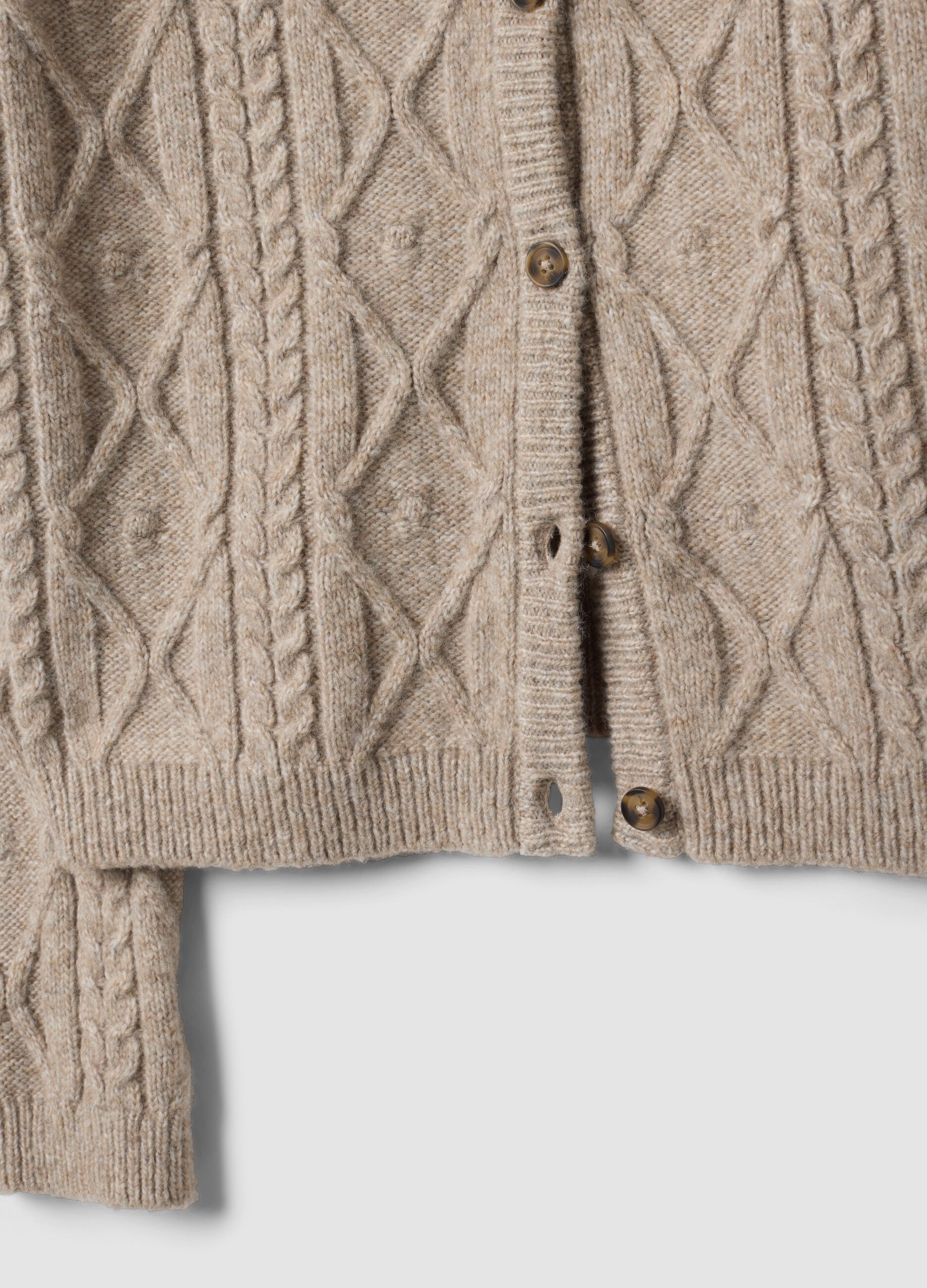 Beige cable-knit wool-blend cardigan