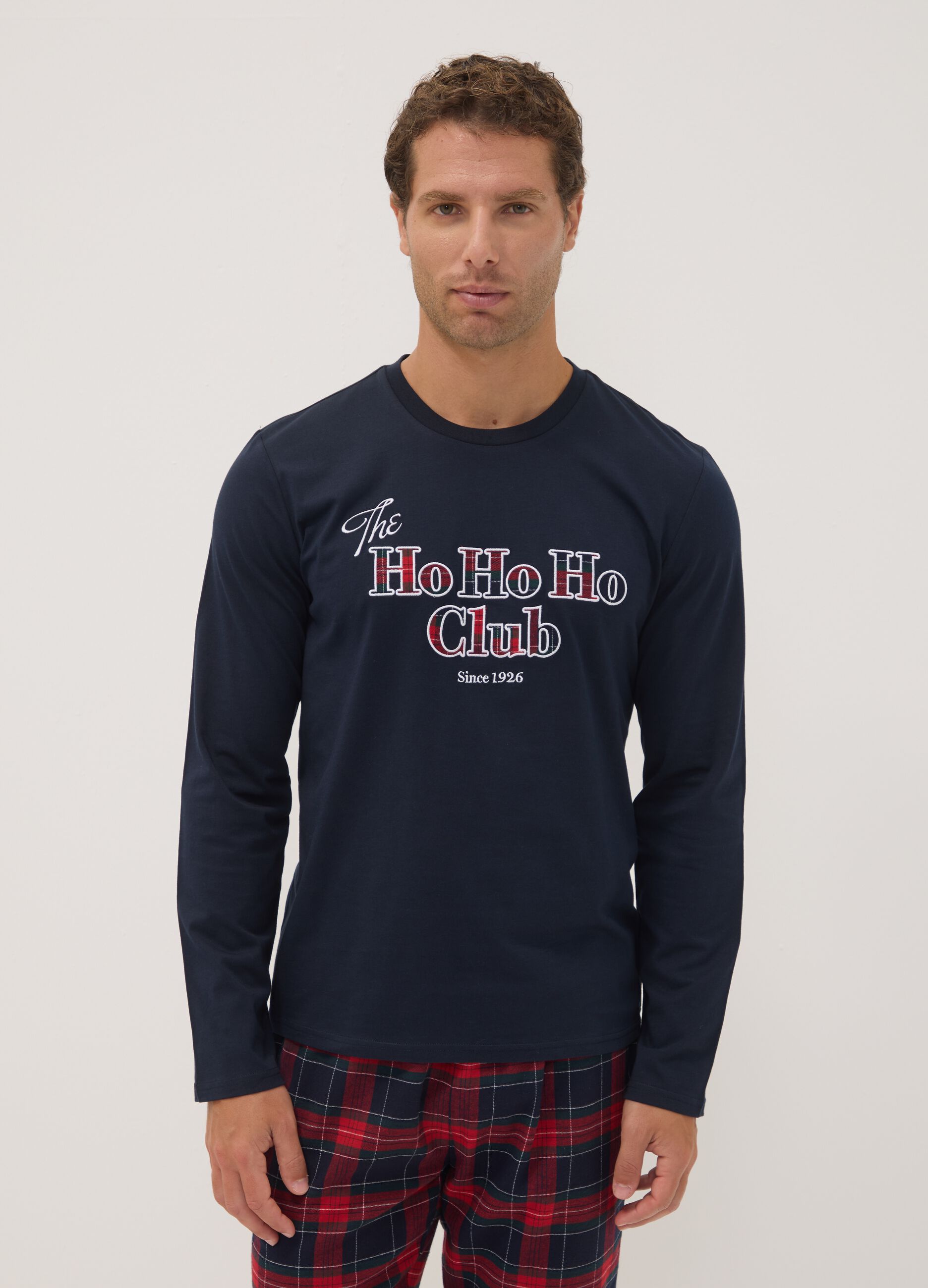 Navy blue pure cotton crew-neck pyjamas