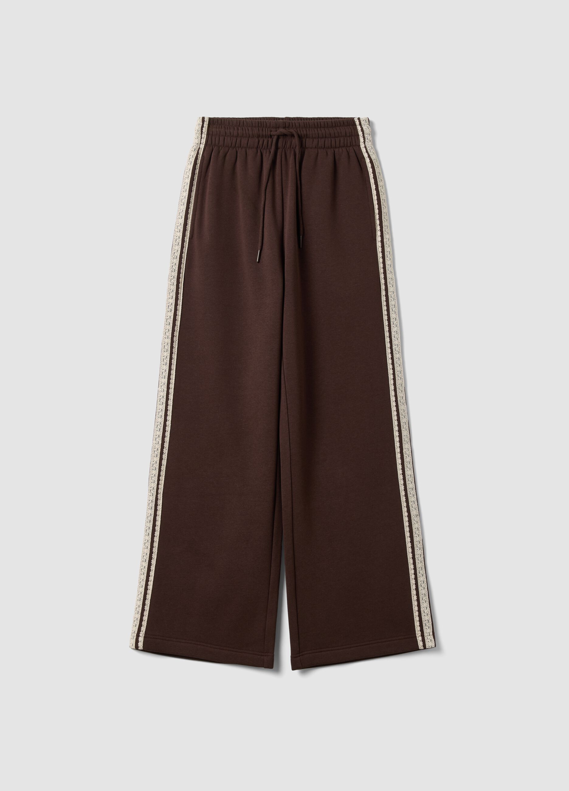 Brown cotton-blend wide-leg trousers with lace embroidery