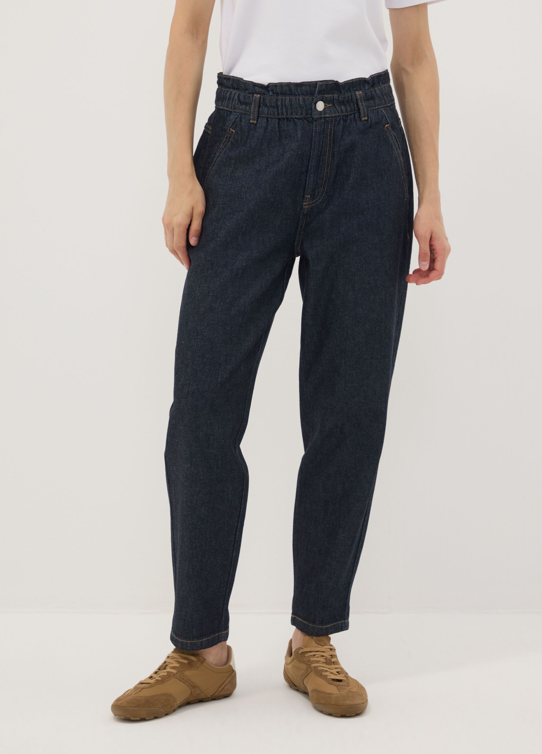 Blue denim baggy-fit pure cotton jeans with paper-bag waist