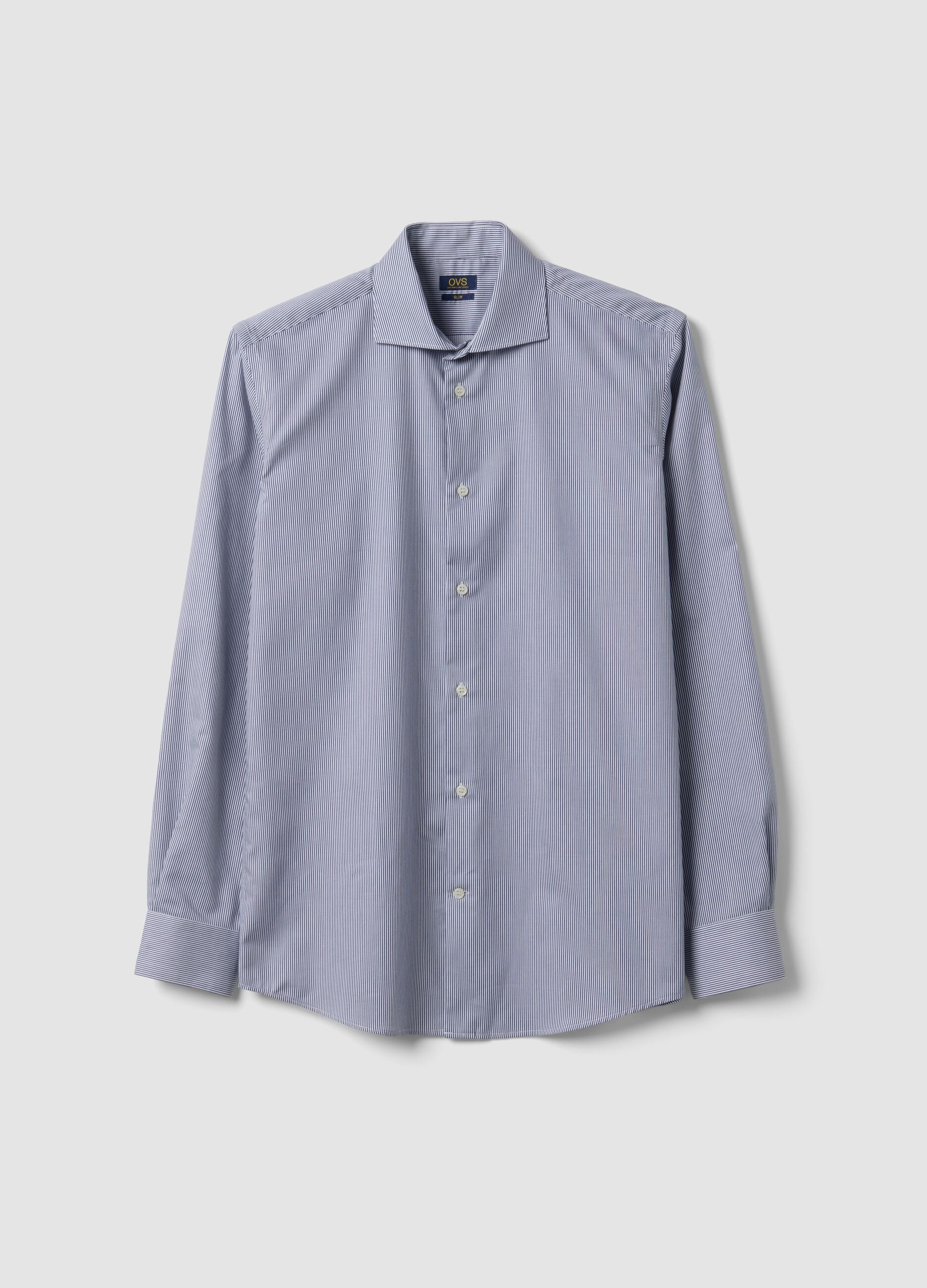 Blue pure cotton striped shirt with French collar, slim fit, non-iron