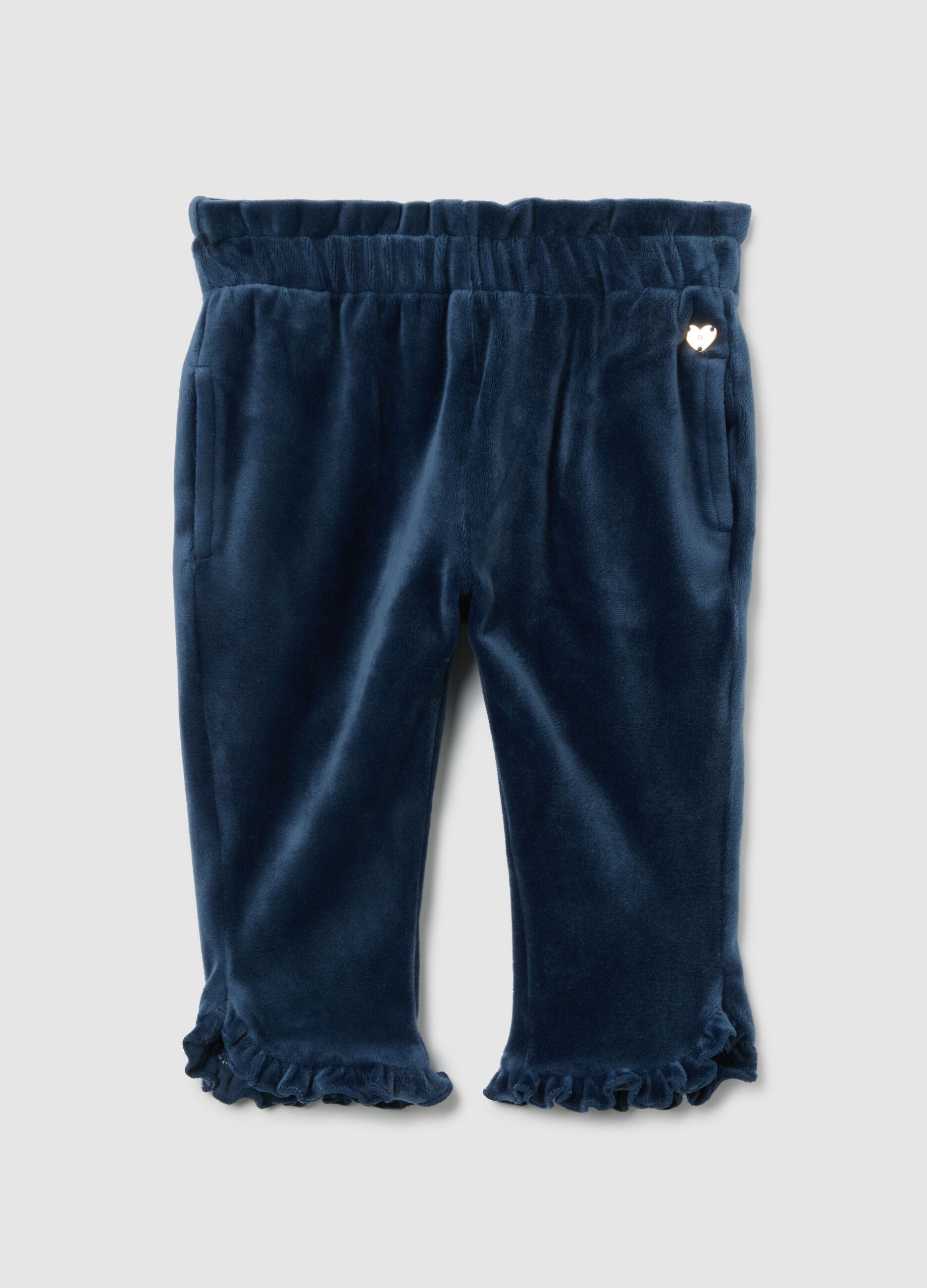 Mädchen Treggings aus blauem Velours mit schmaler Passform und Volants