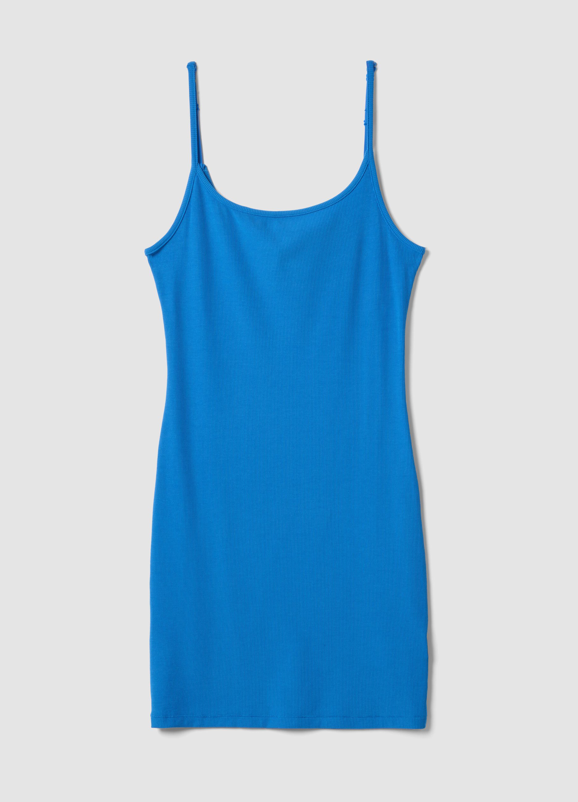 Blue fitted ribbed stretch modal dress with straps