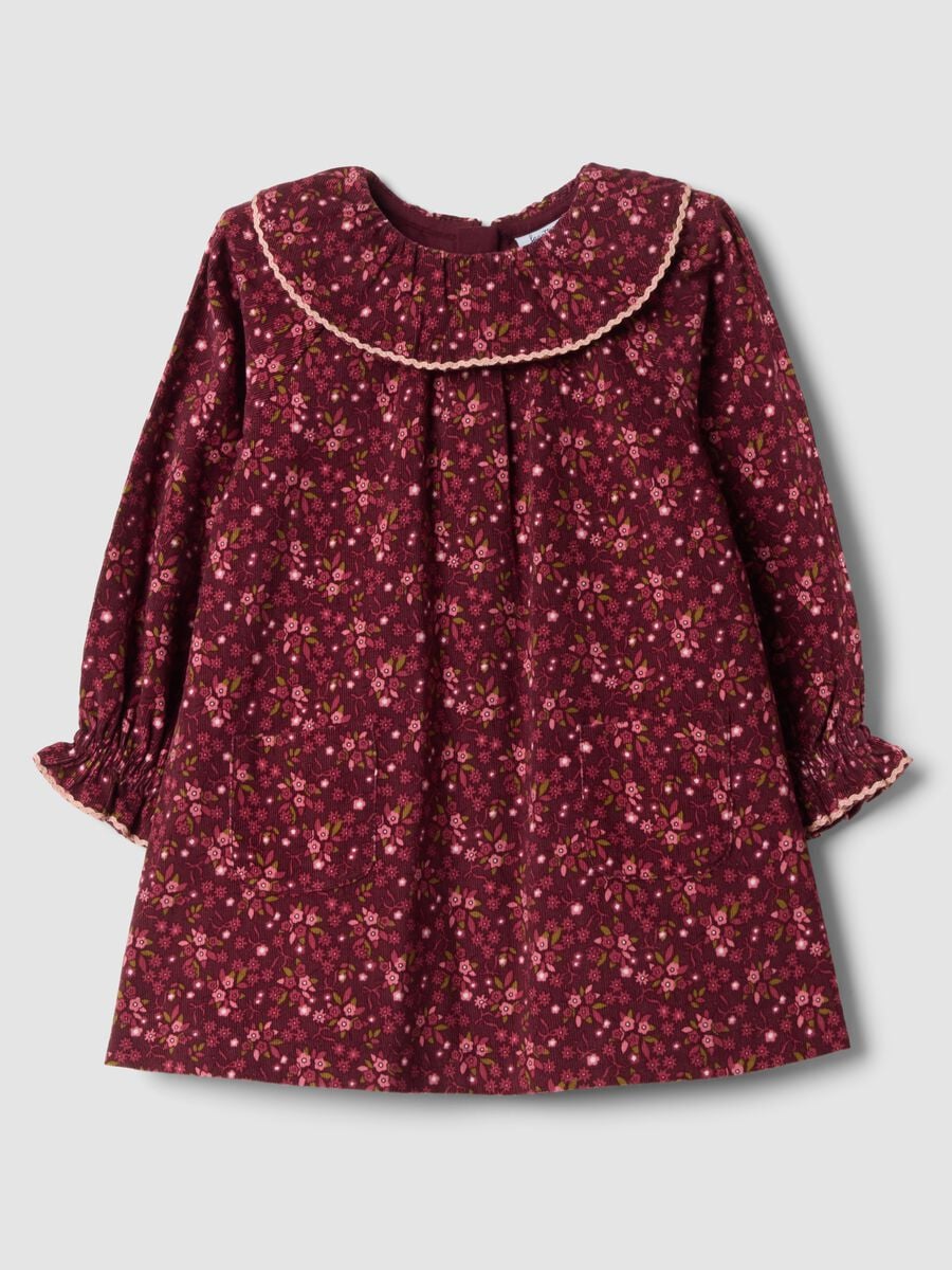Robe col rond rouge bordeaux en pur coton &agrave; fleurs, coupe regular_0