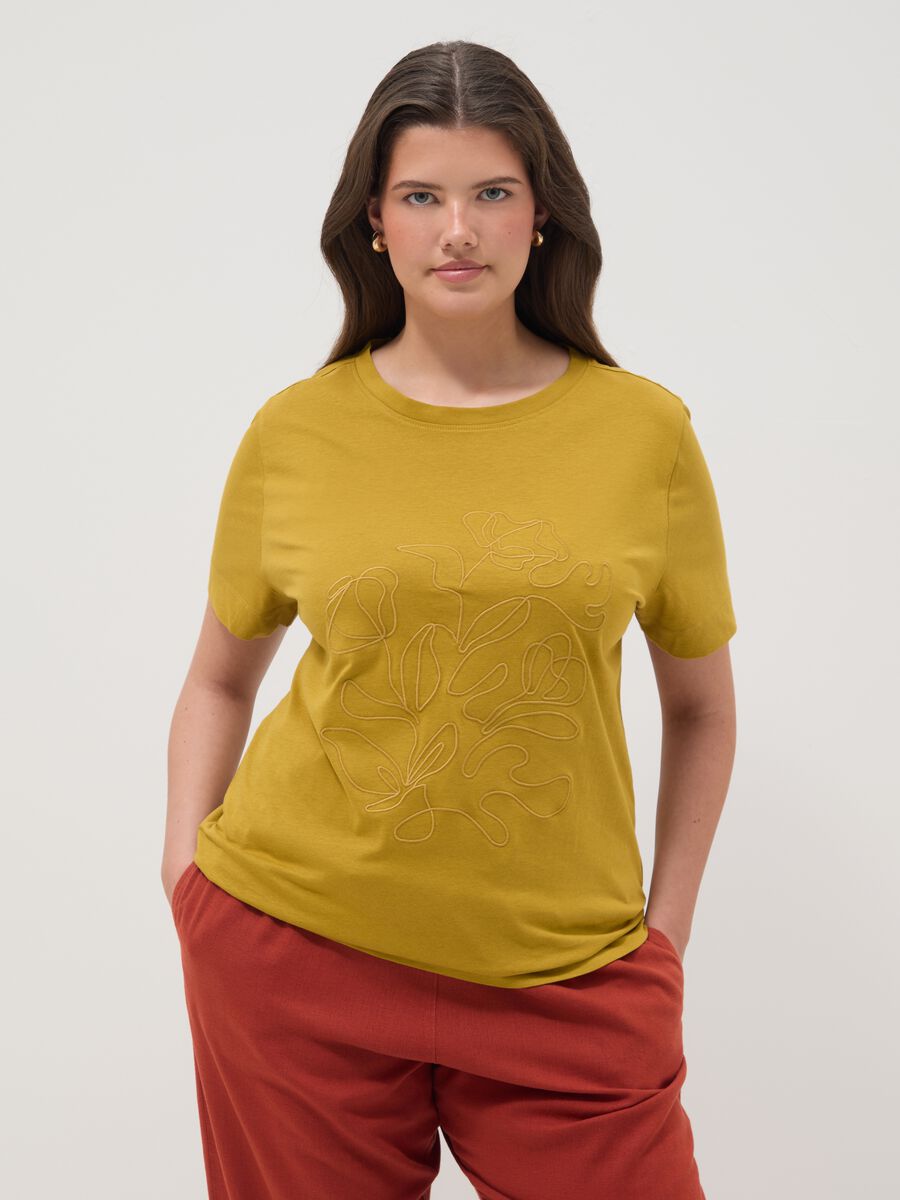 Gelbes Regular-Fit T-Shirt aus reiner Baumwolle mit Blumenstickerei_1