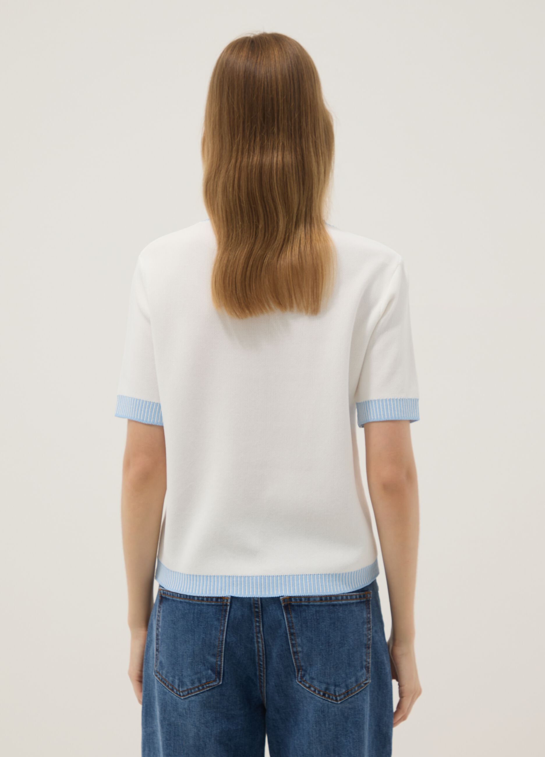 White viscose-blend T-shirt with light-blue trims