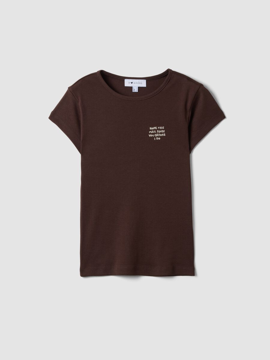 Brown pure cotton crew-neck T-shirt with slogan_0