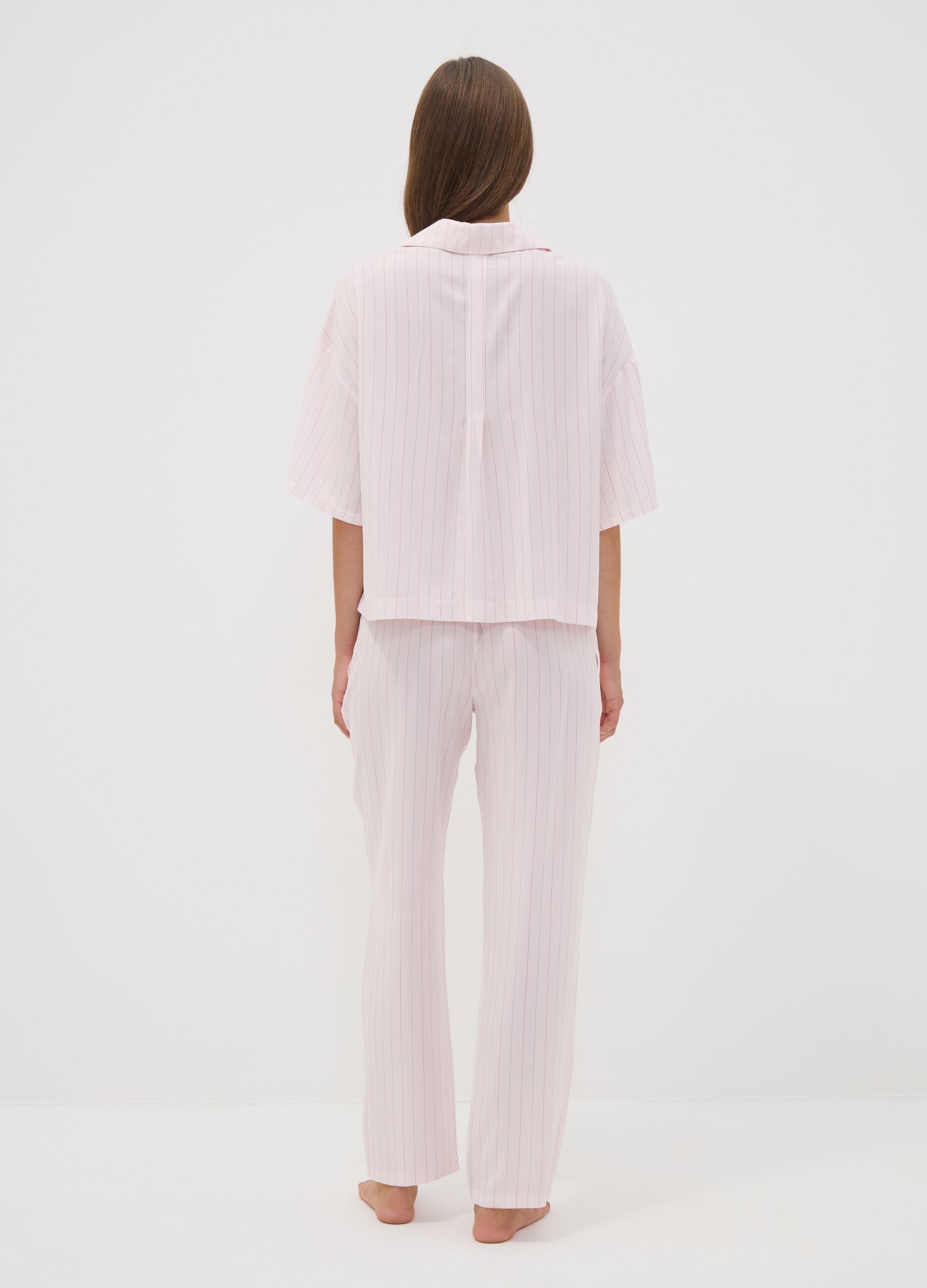 Pink pure viscose striped V-neck pyjamas, regular fit