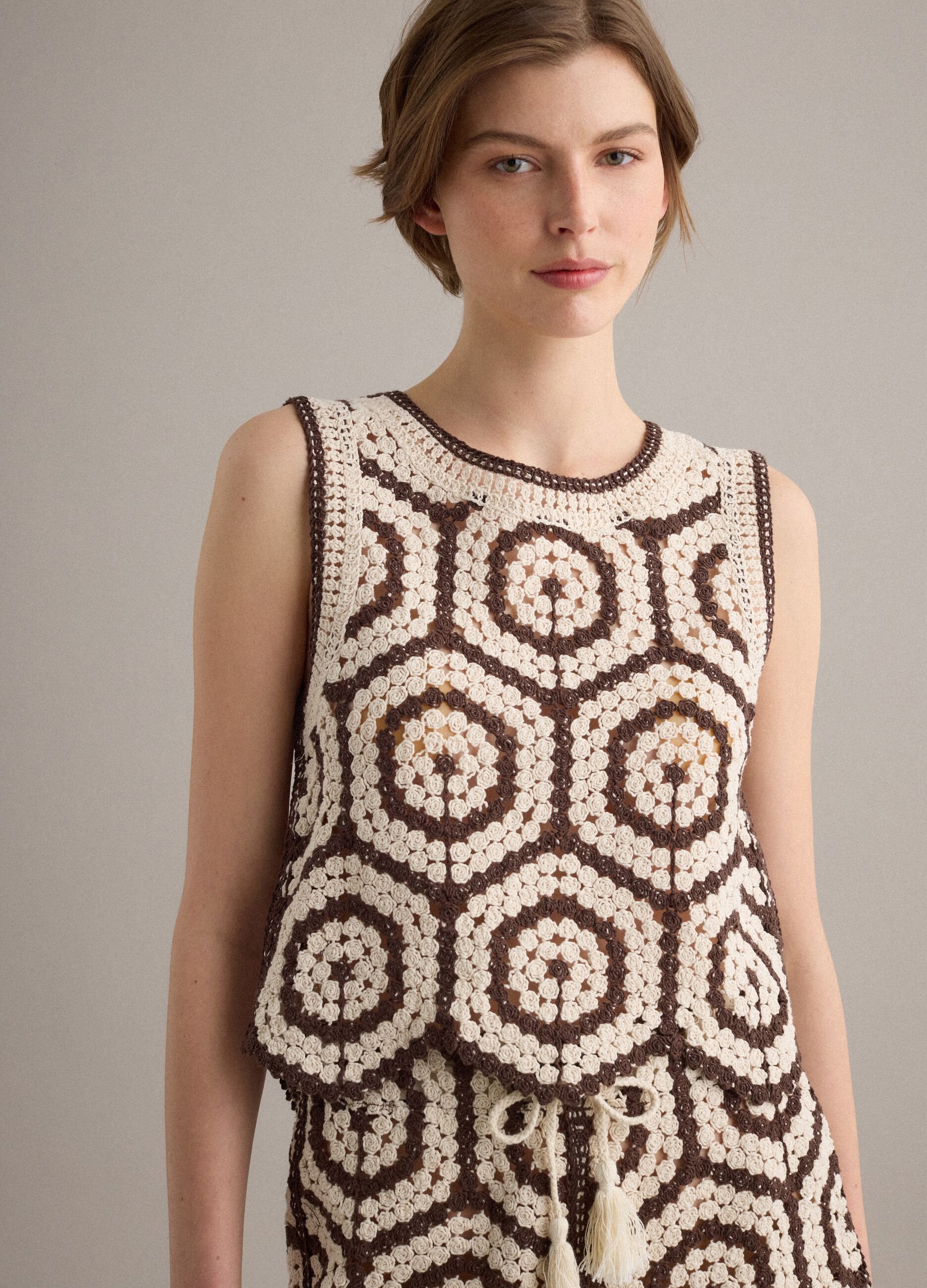 Regular-fit multicolour cotton-blend crochet top