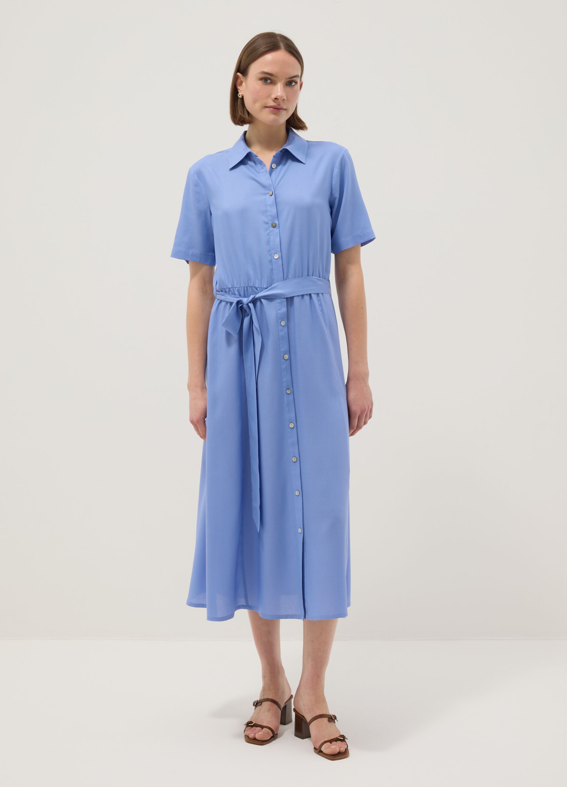 Blue pure viscose dress with regular fit and belt