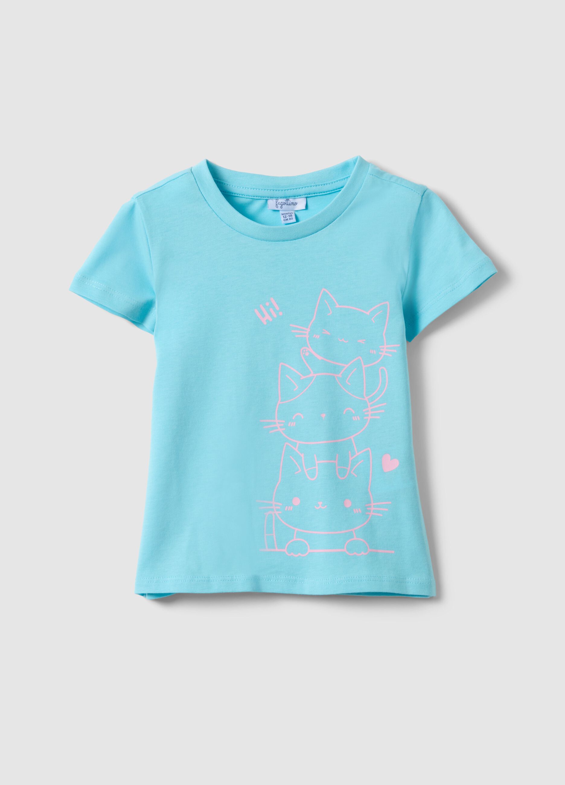 T-shirt azul celeste de menina em puro algod&atilde;o, ajuste regular, com estampado de gatos