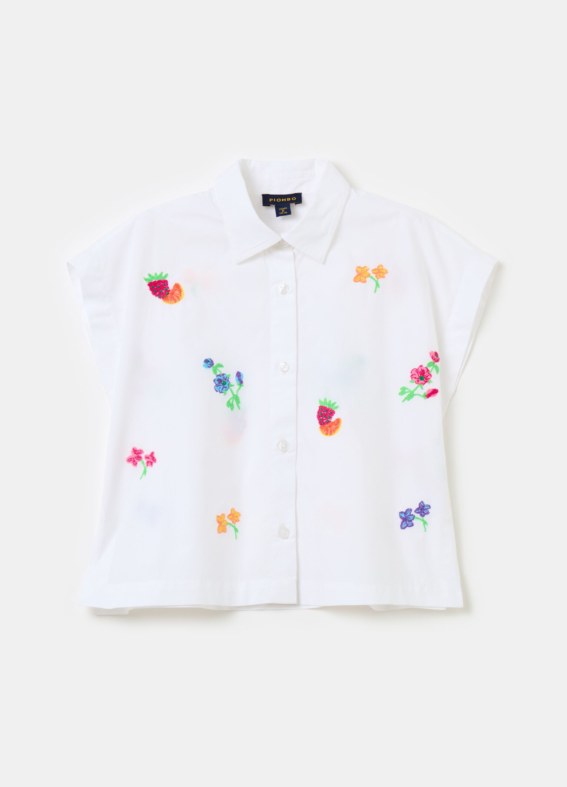 Camicia in cotone con ricamo frutta e fiori