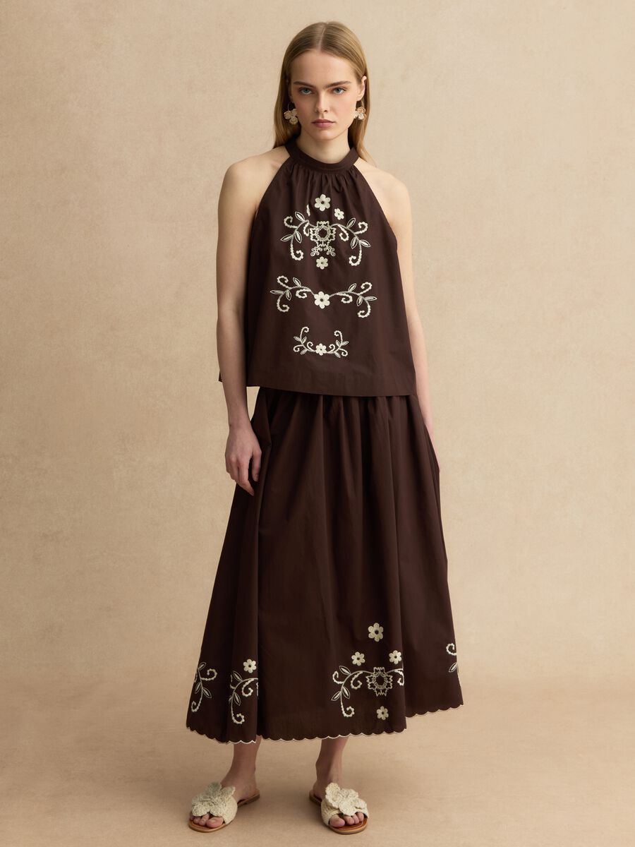 Langer Rock aus brauner reiner Baumwolle, regul&auml;re Passform mit Blumenstickerei_1