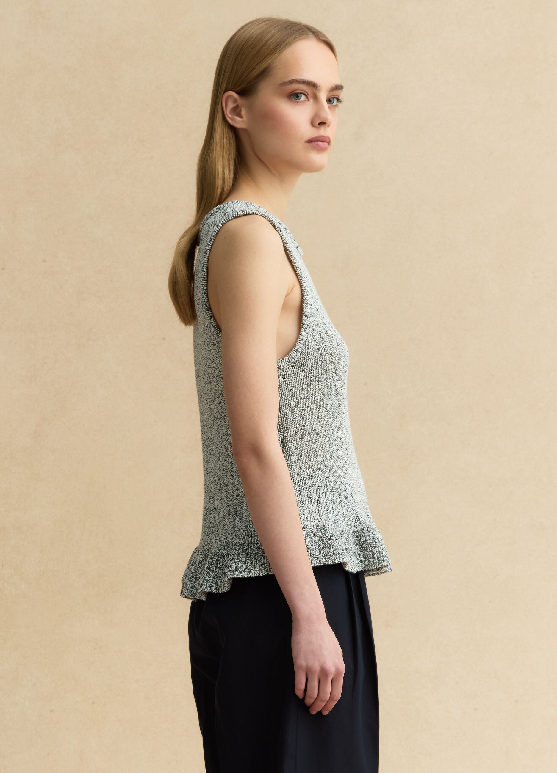 Black and White Regular Fit Knit Top with Frill