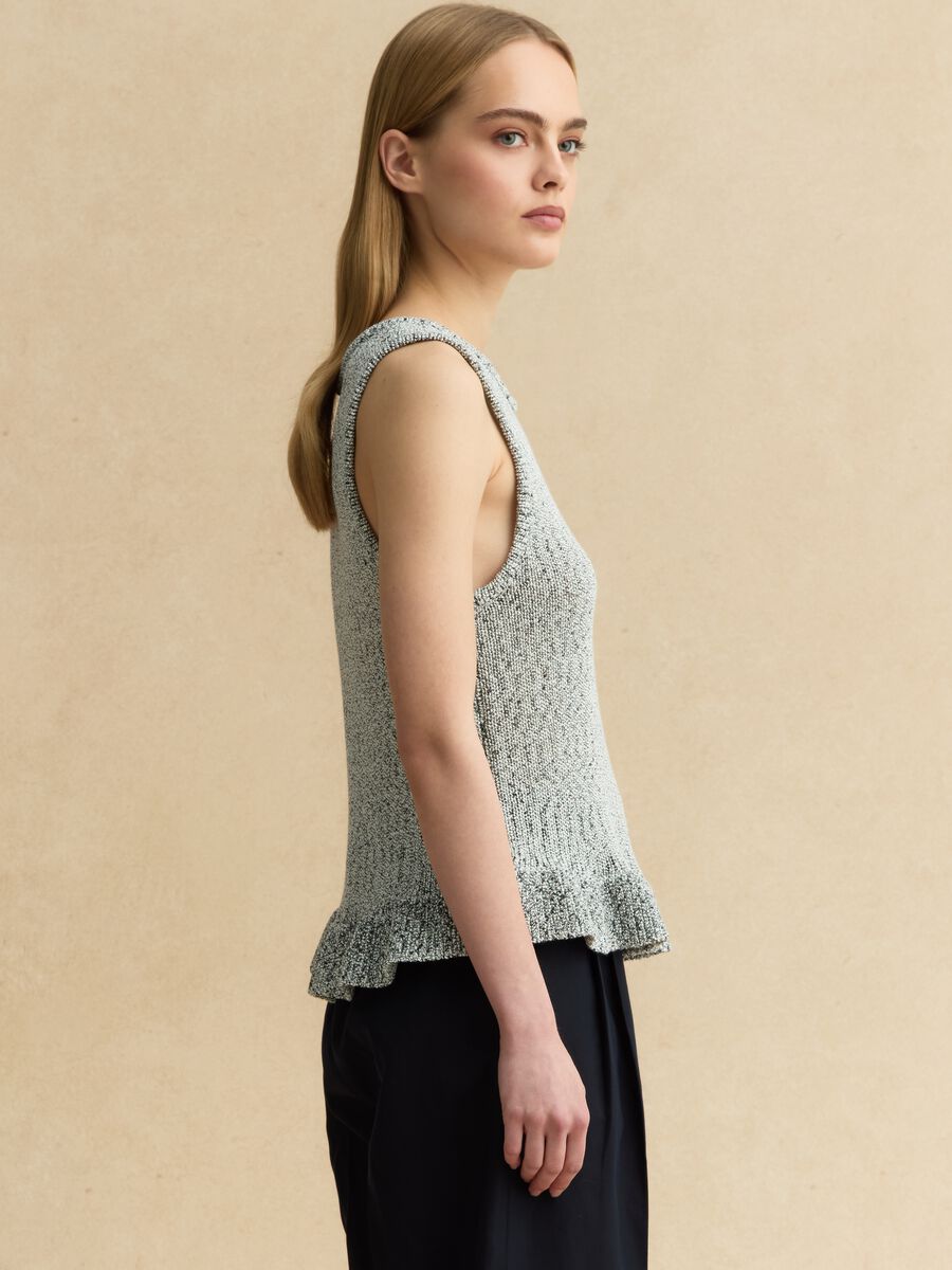 Black and White Regular Fit Knit Top with Frill_0