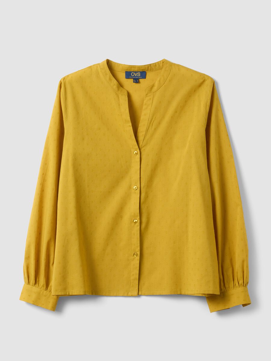 Yellow pure cotton regular fit deep V shirt with polka dots_4