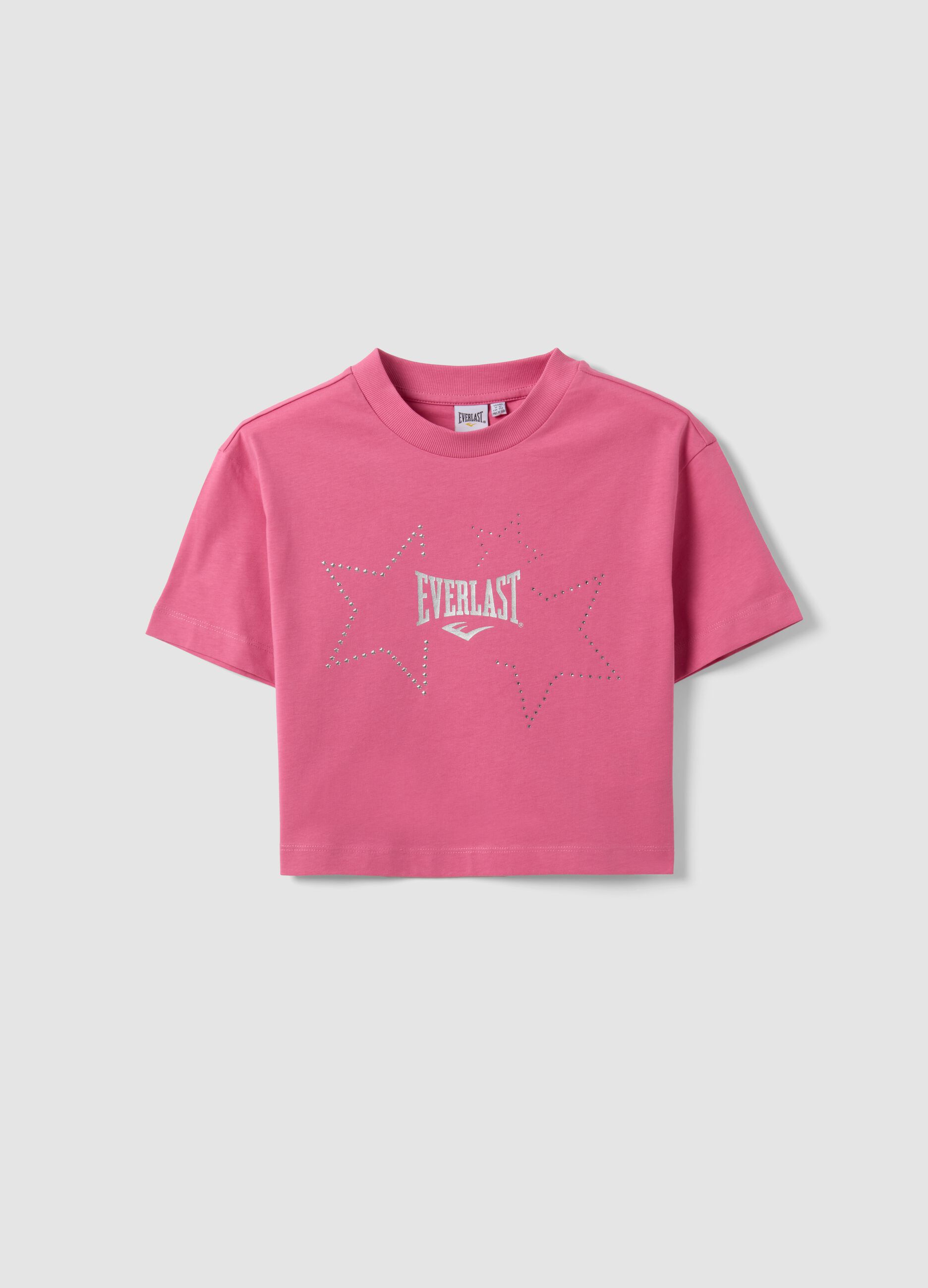 T-shirt rosa em algod&atilde;o puro com estrelas aplicadas, corte regular para rapariga
