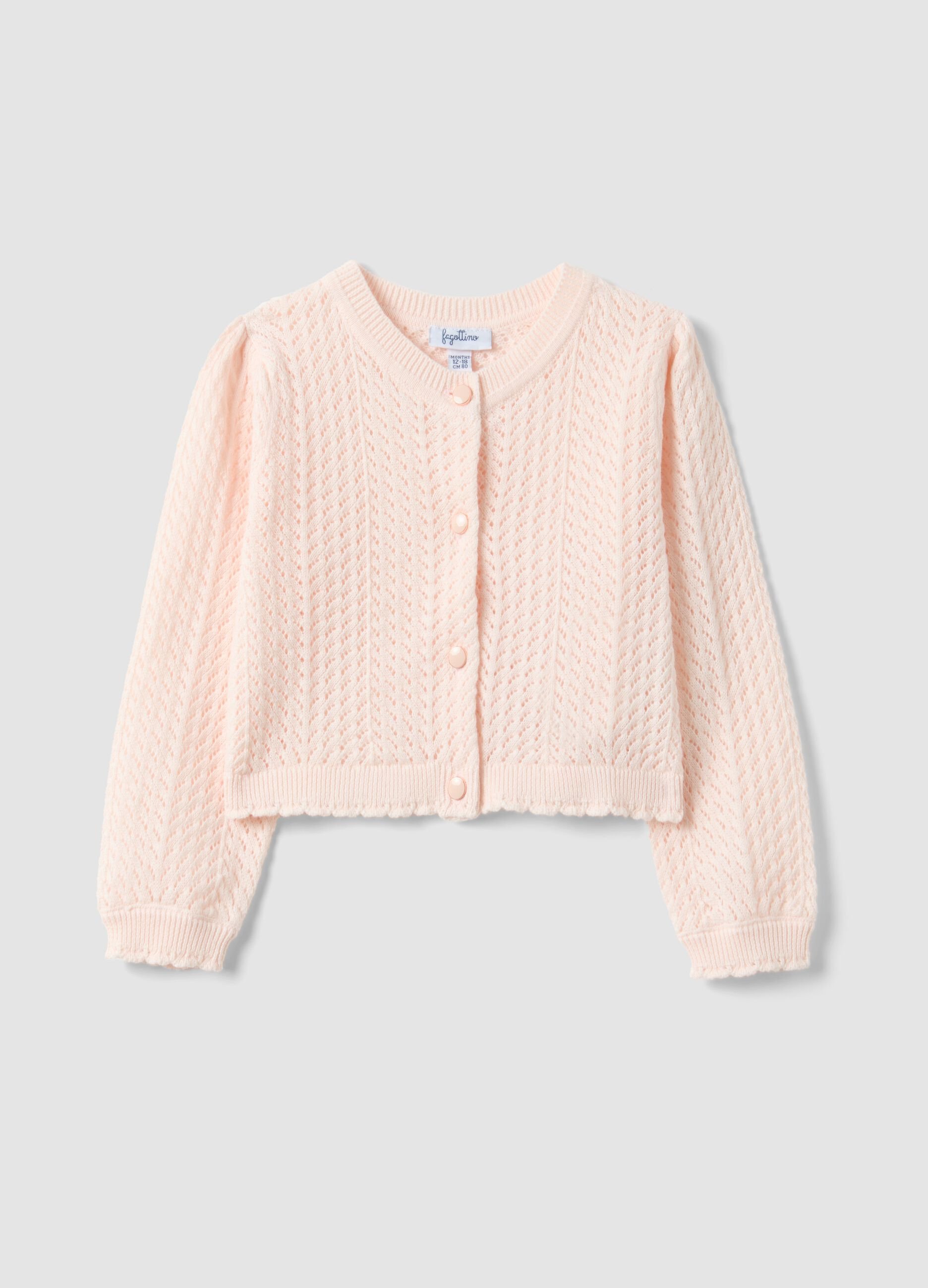 Fitted pink cotton cardigan for girls with eyelet design
