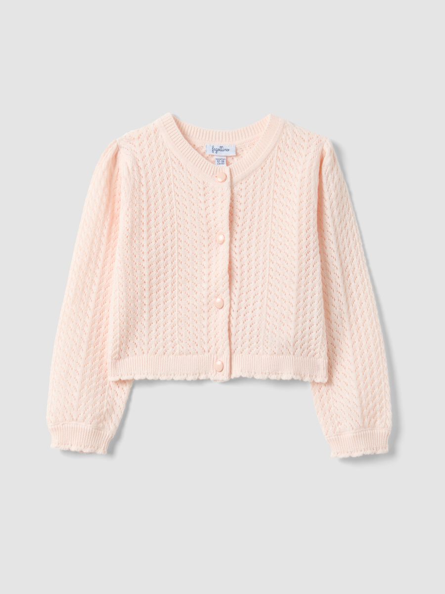 Fitted pink cotton cardigan for girls with eyelet design_0