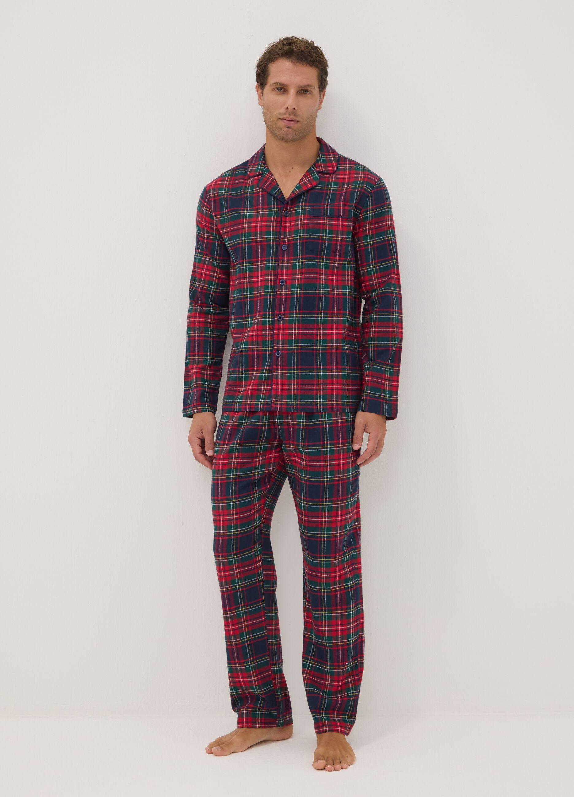 Pigiama rosso con colletto in flanella di puro cotone organico regular fit