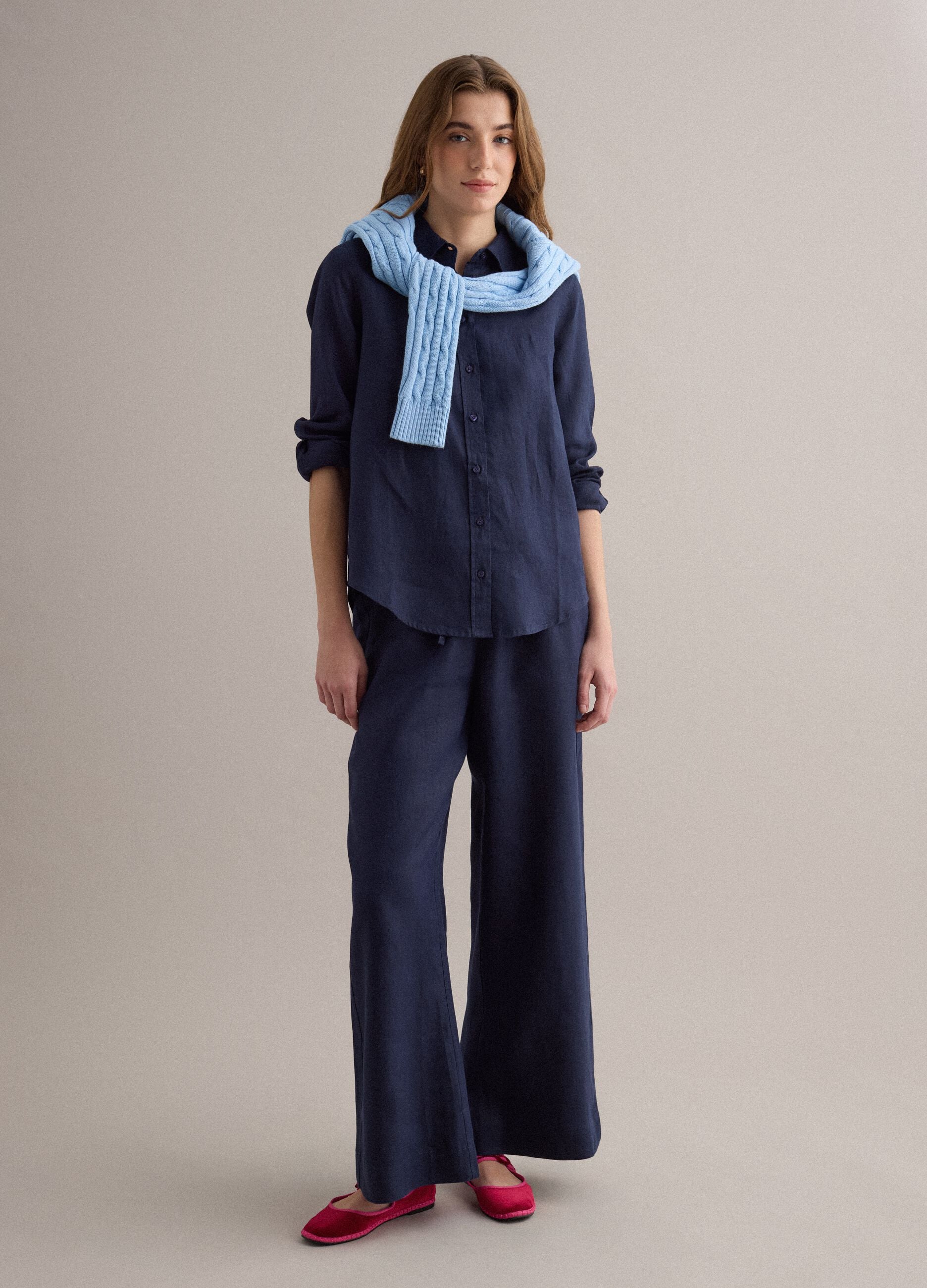 Blue pure linen drawstring trousers, straight fit