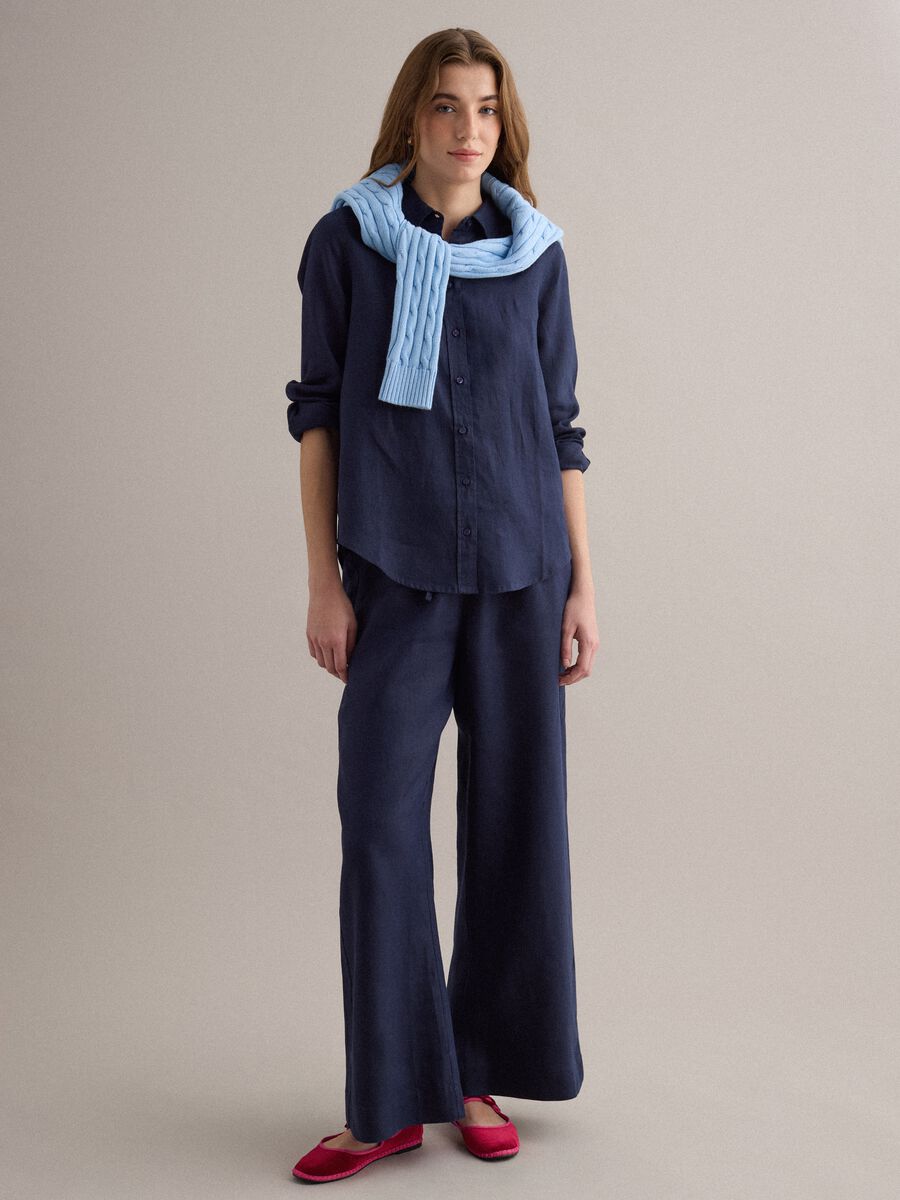 Blue pure linen drawstring trousers, straight fit_0