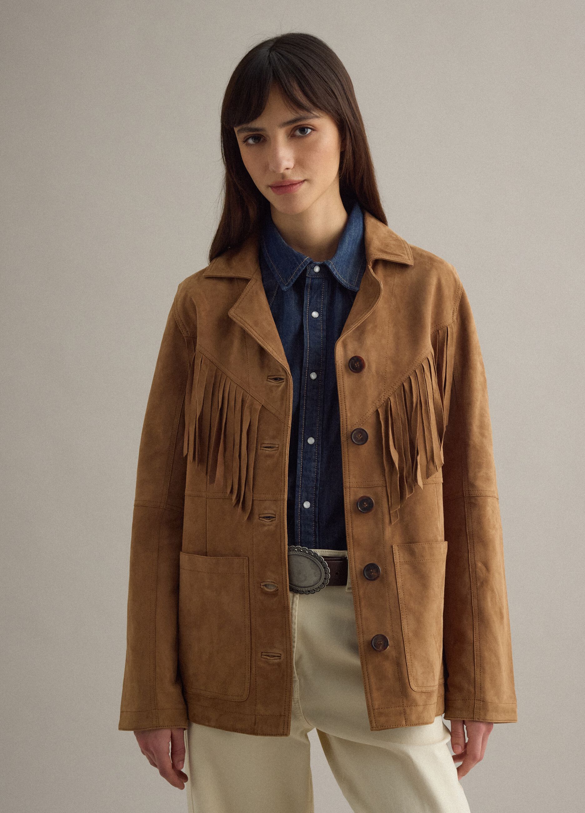 Braune Lederjacke im regular fit mit Fransen