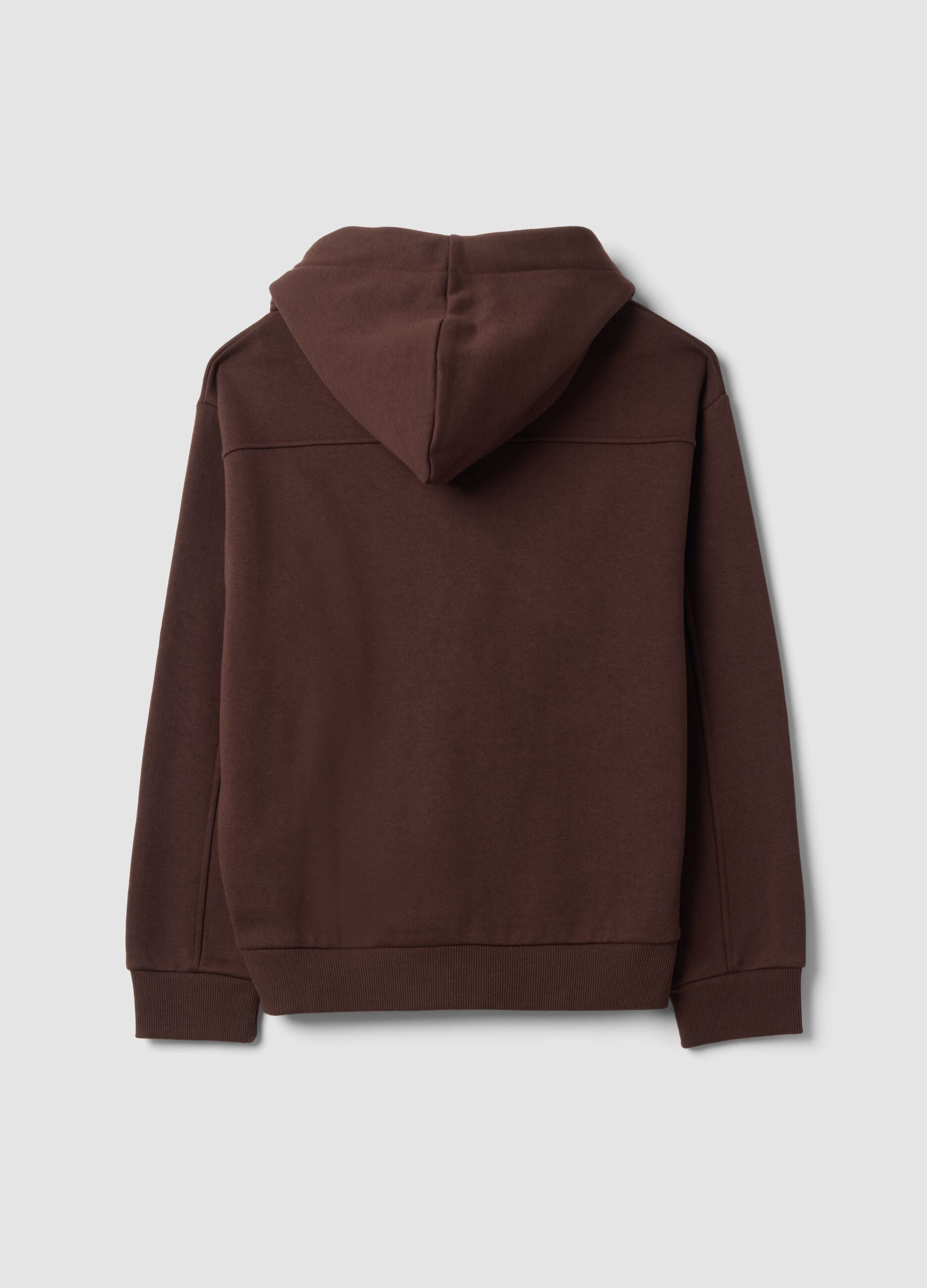 Brown hoodie with tied drawstring, relaxed fit