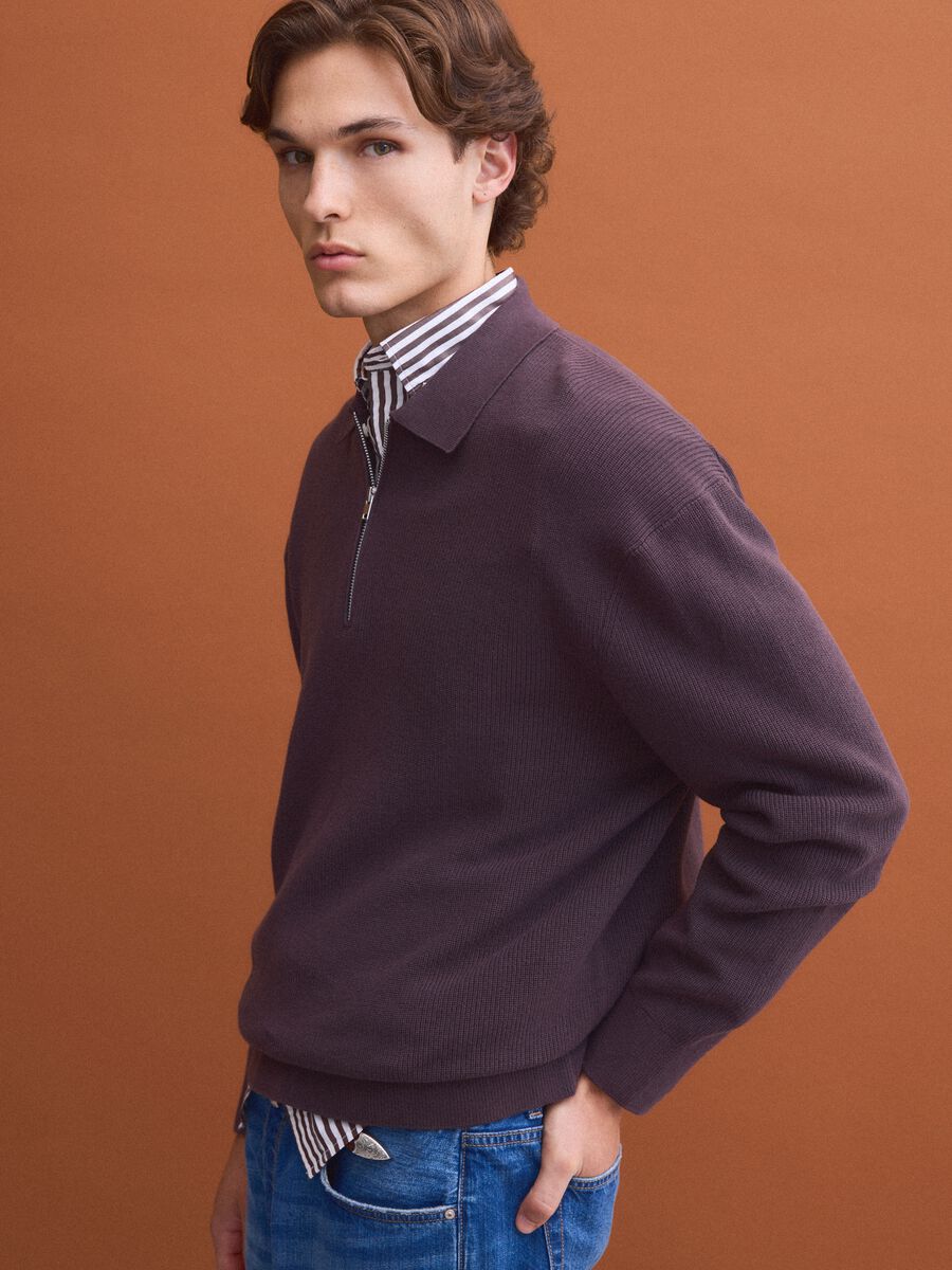 Polo marrone in puro cotone con zip e collo classico_0
