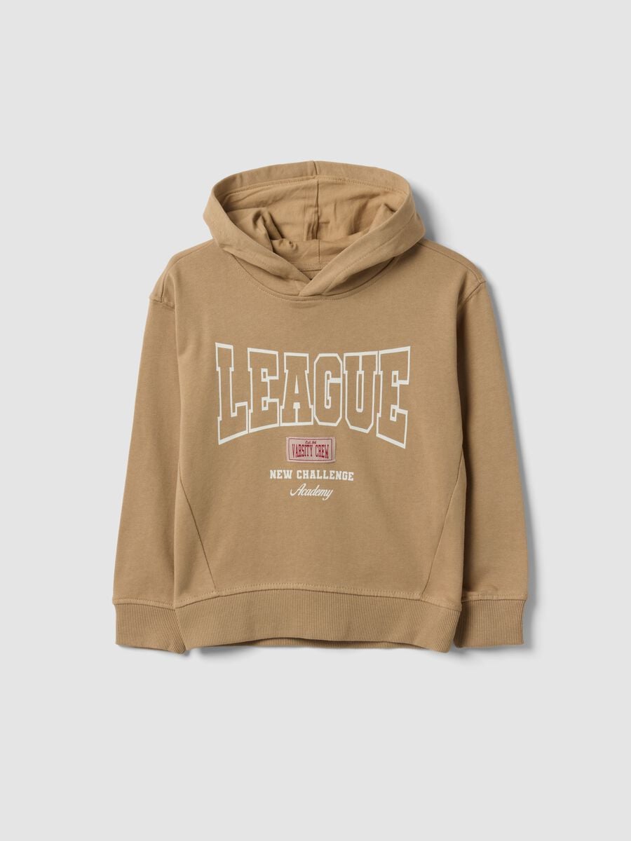 Beige pure cotton hoodie with front print for boys_0