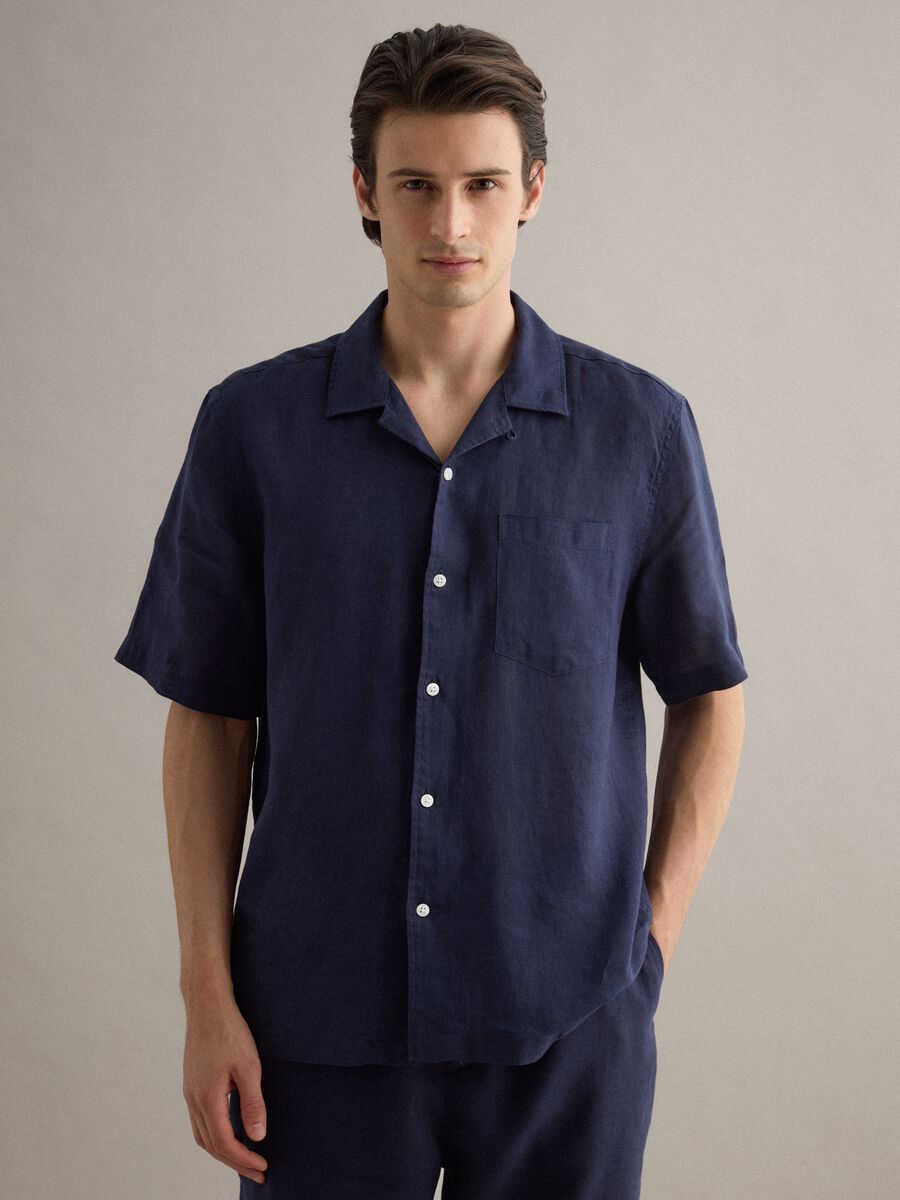 Blue short sleeve pure linen regular fit shirt with chest pocket_0
