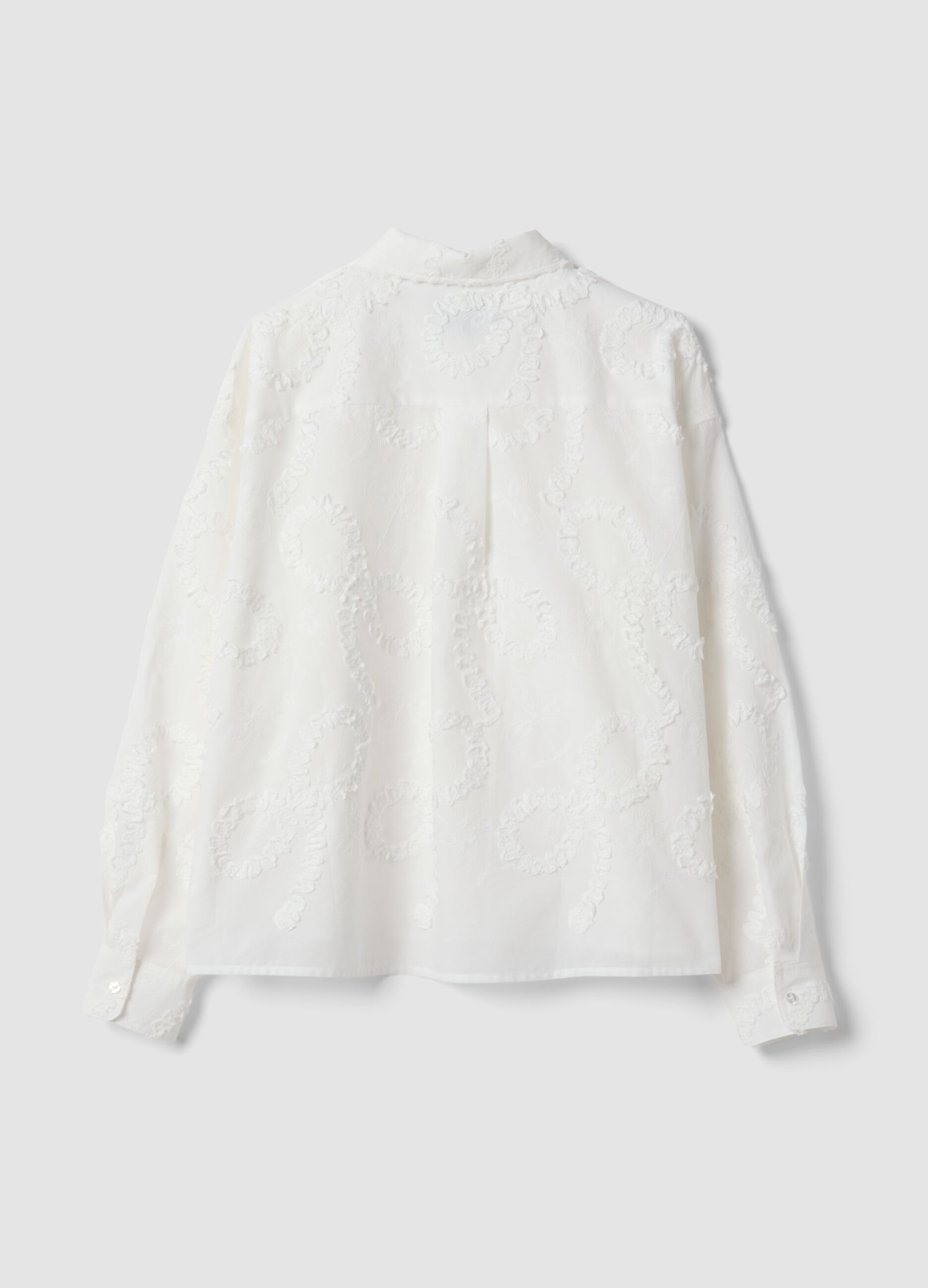 White pure cotton shirt with floral embroidery, regular fit