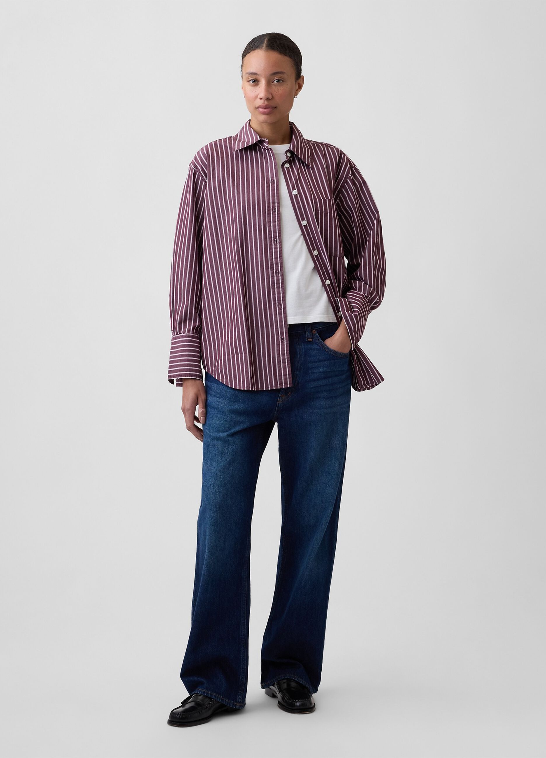Camisa &agrave;s riscas vermelha borgonha em algod&atilde;o puro