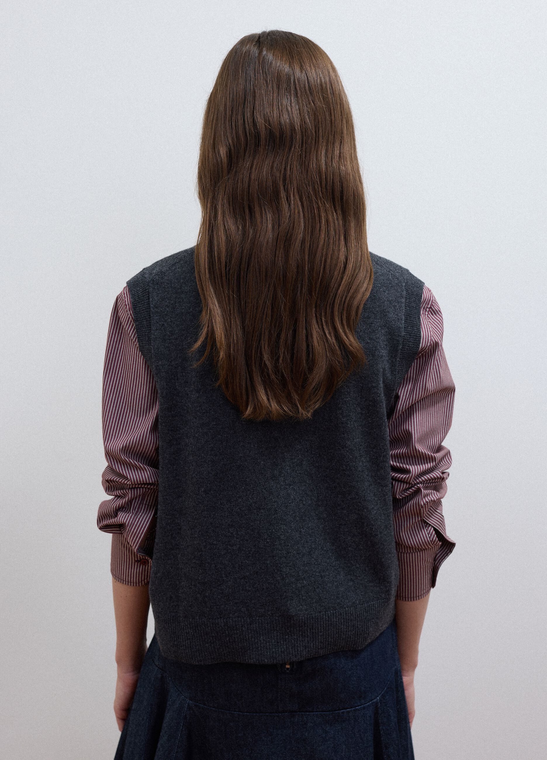 Grey pure wool gilet with deep V-neck