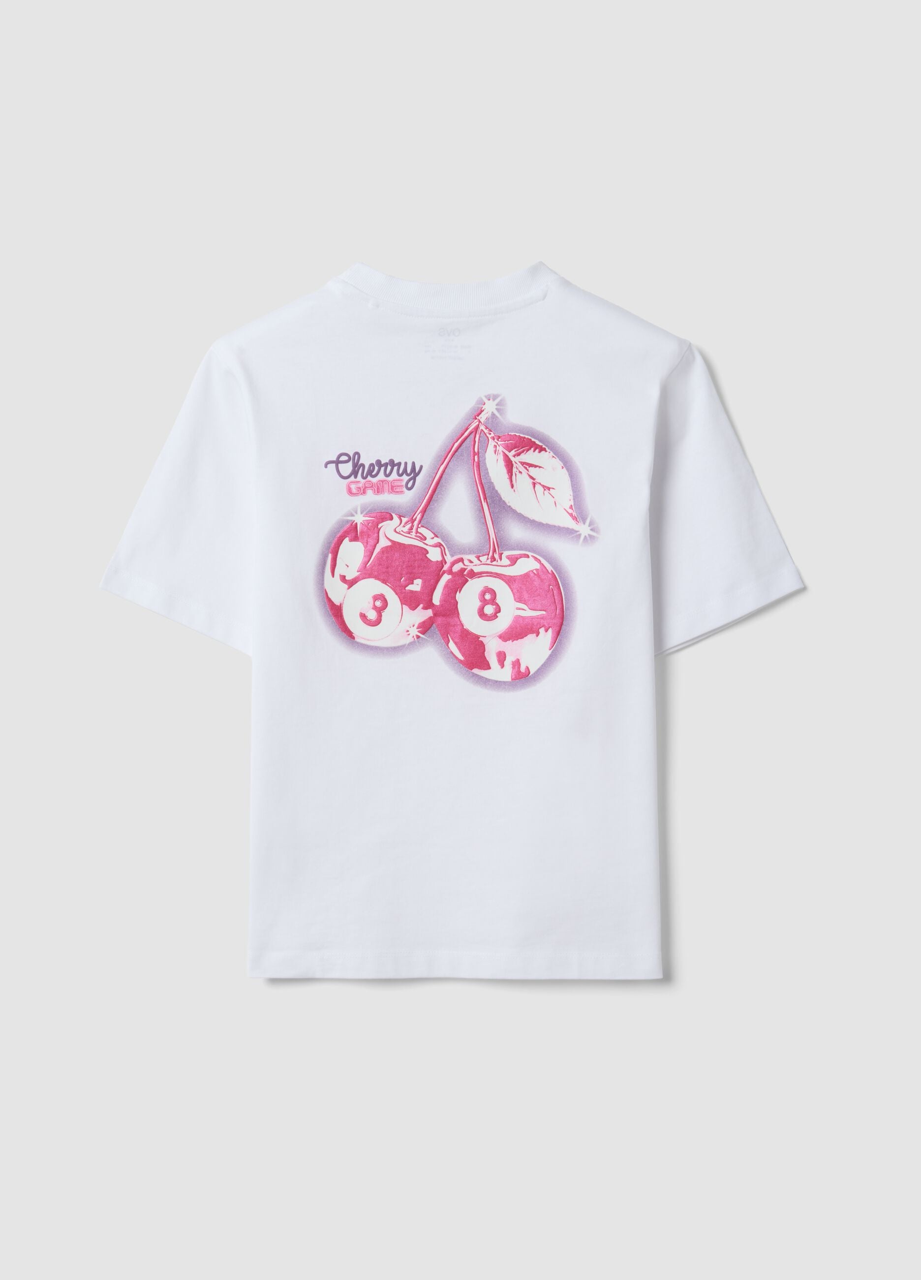 T-shirt bianca in puro cotone con collo a costine e stampa ciliegie