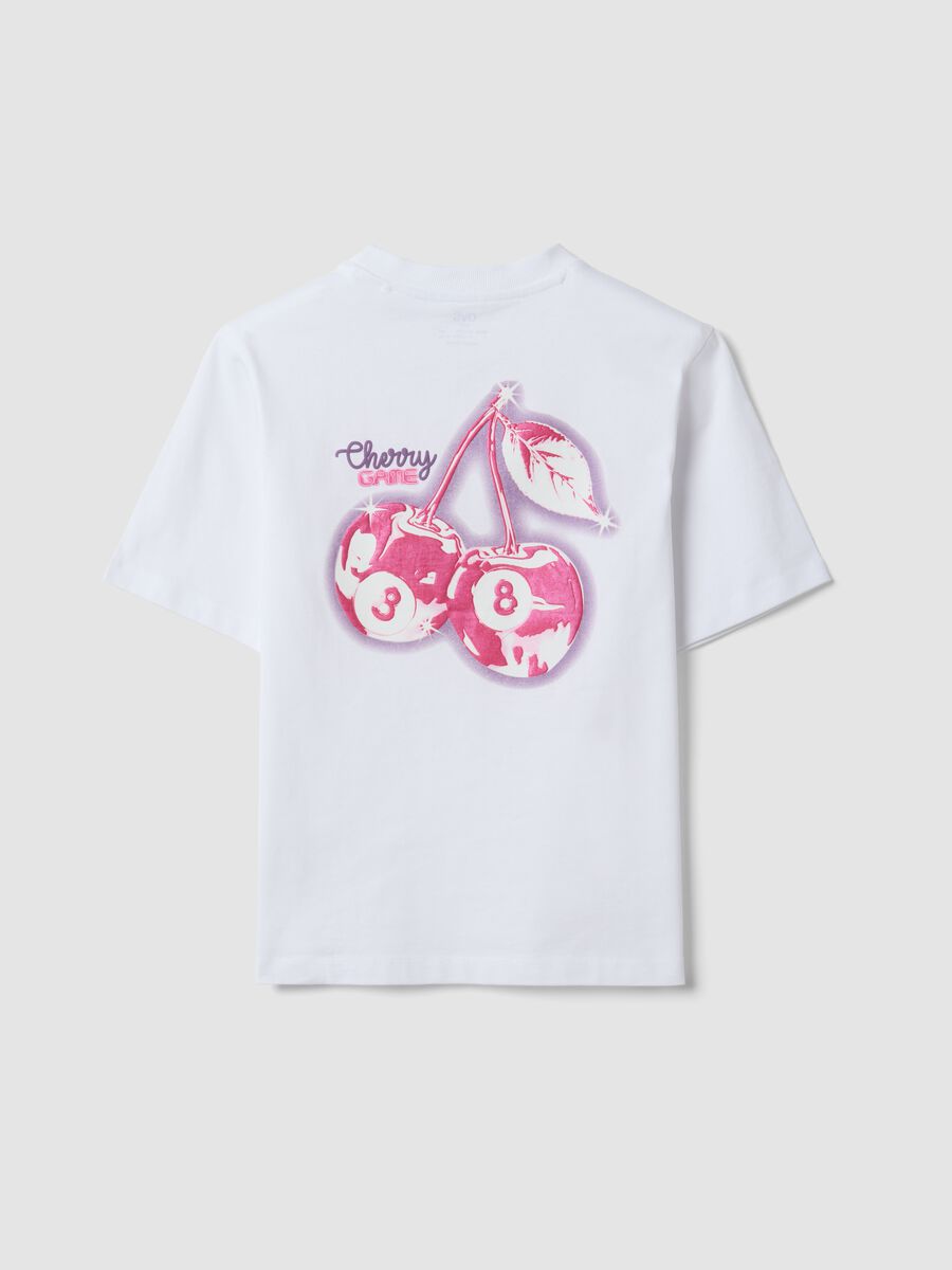 T-shirt bianca in puro cotone con collo a costine e stampa ciliegie_2