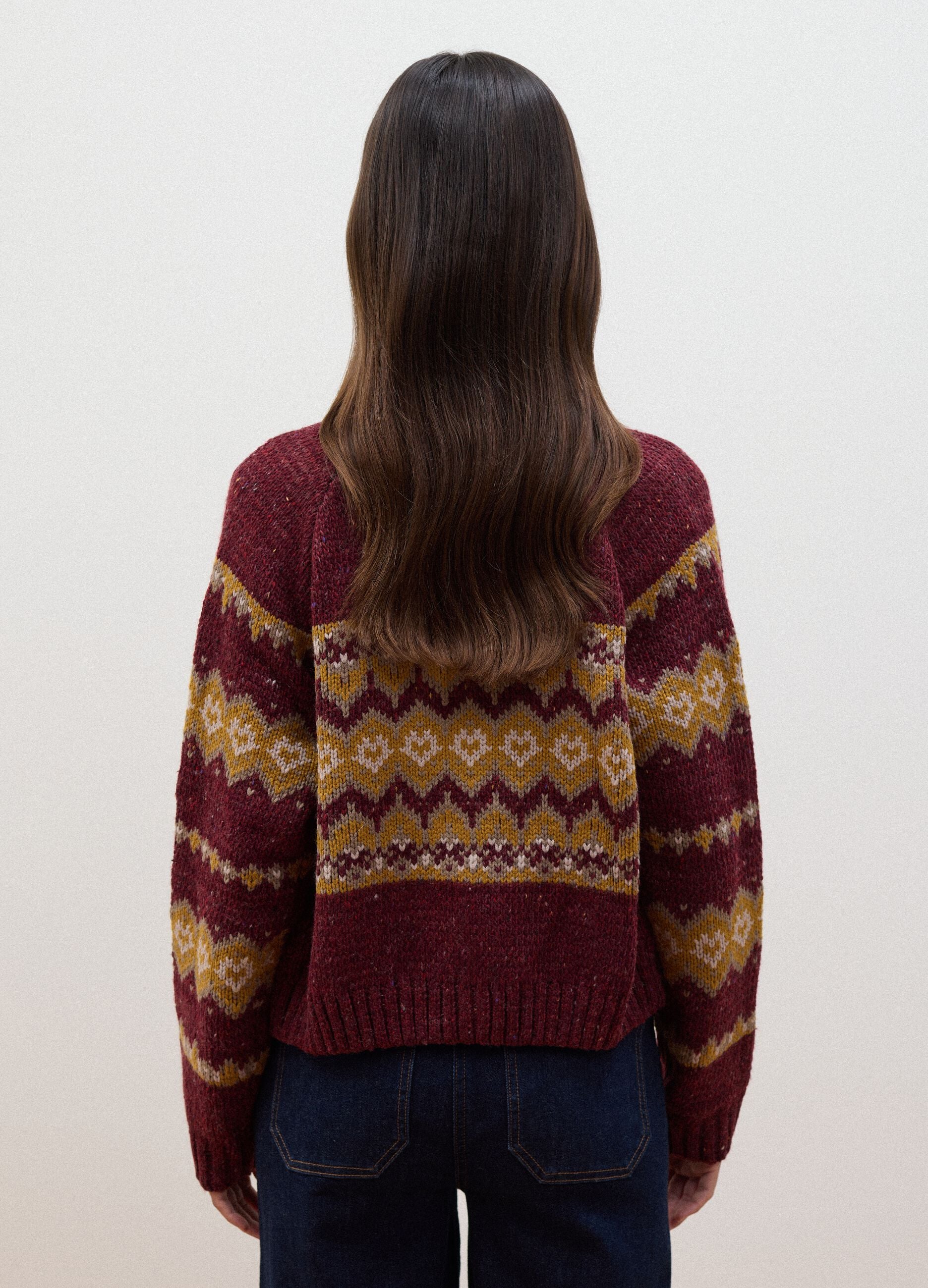 Red crew-neck jacquard wool-blend cardigan, regular fit